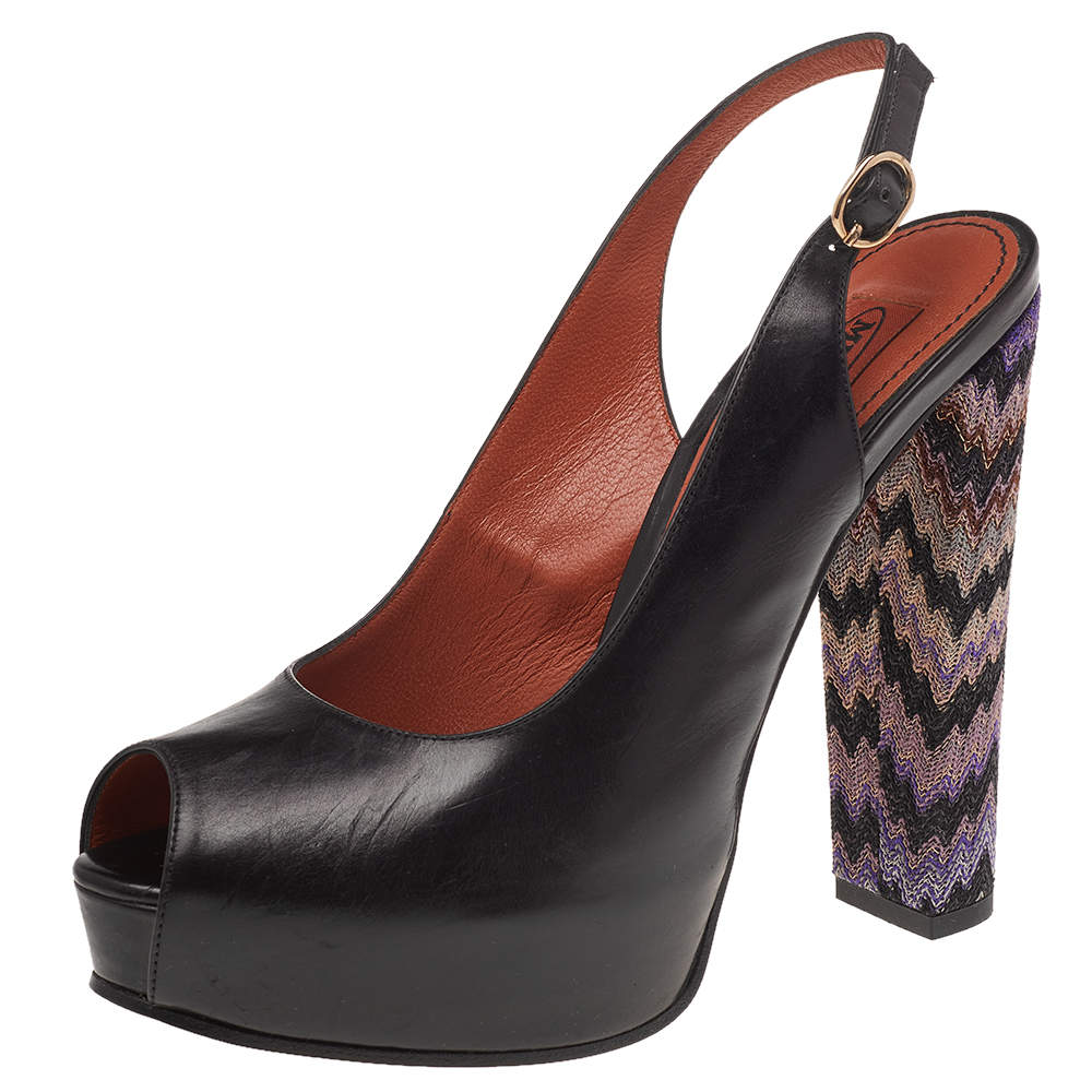 Pre Owned Missoni Black Leather Peep Toe Platform Slingback Sandals Size 38