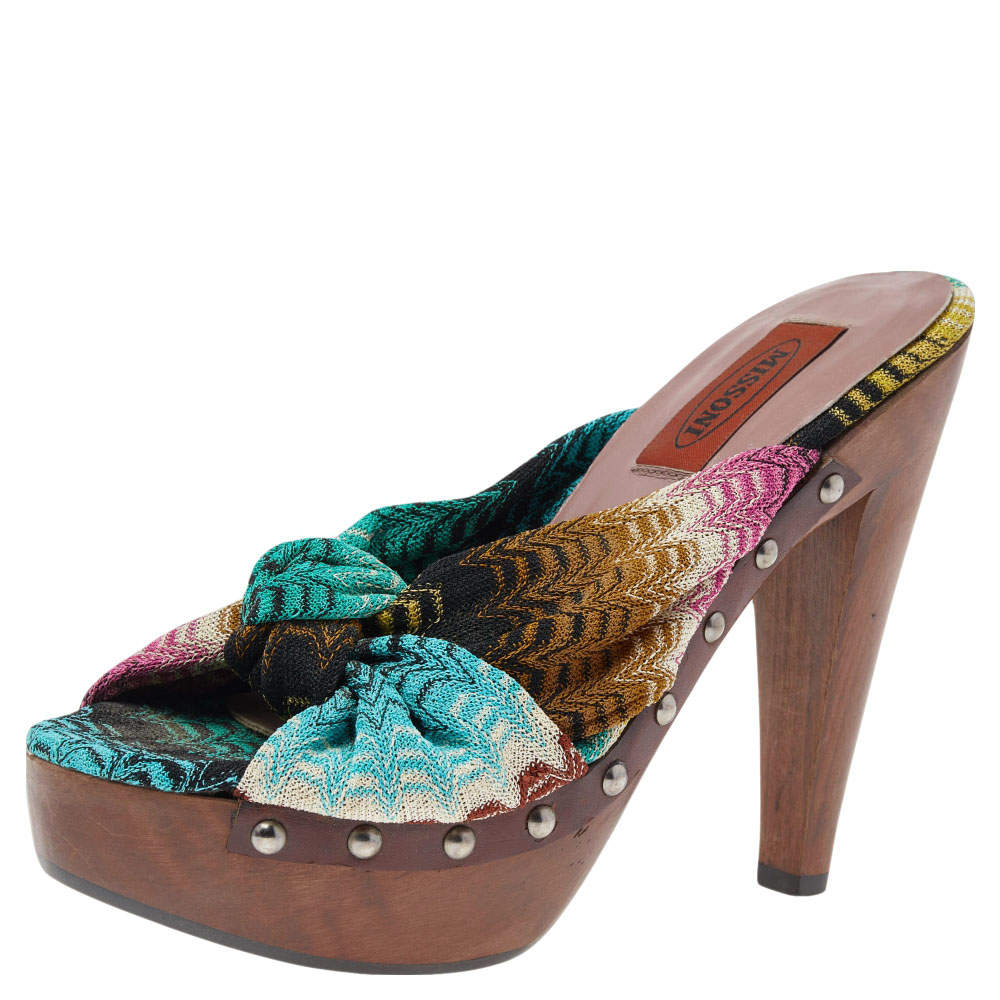 Pre Owned Missoni Multicolor Knit Fabric Bow Slingback Sandals Size 37