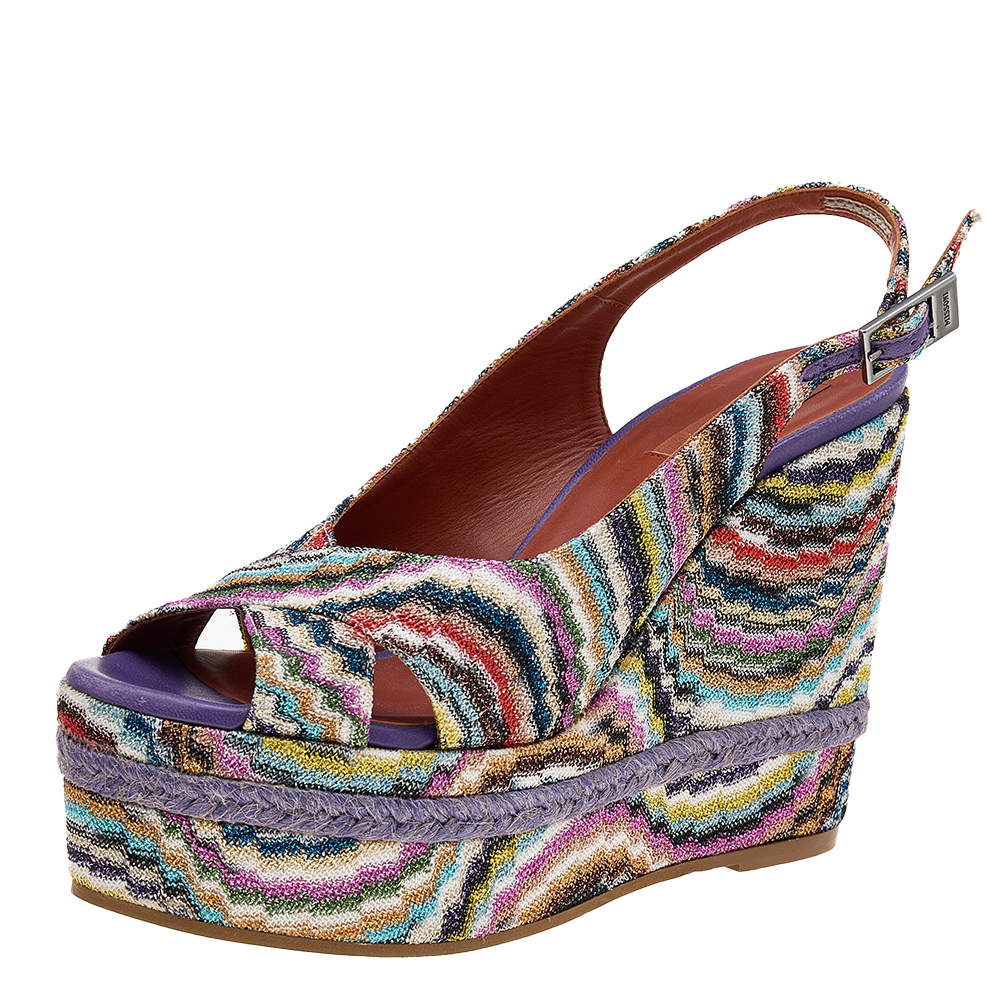 Pre Owned Missoni Multicolor Knit Fabric Platform Wedge Sandals Size 38