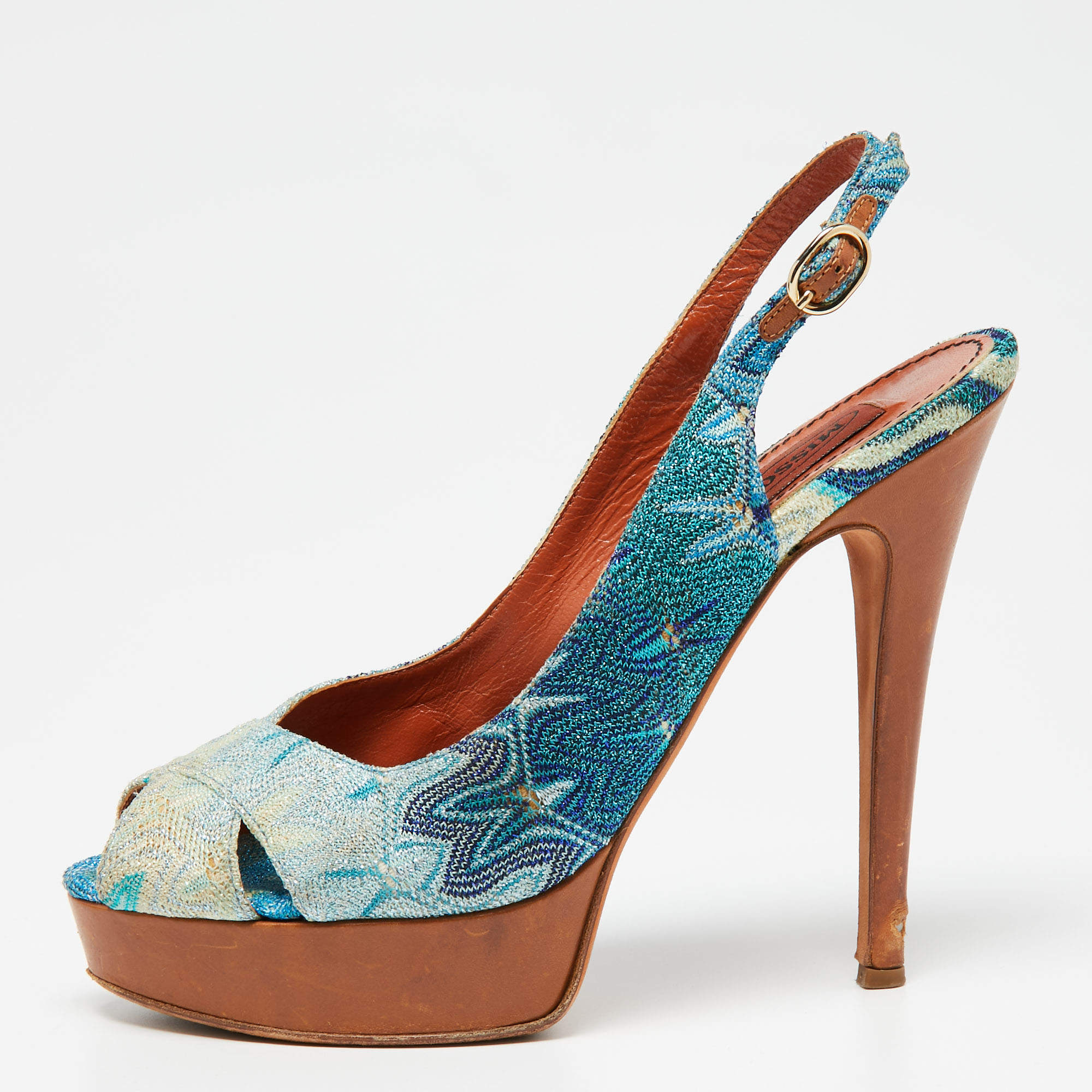Pre Owned Missoni Blue Embroidered Fabric Cross Strap Peep-Toe Slingback Sandals Size 38
