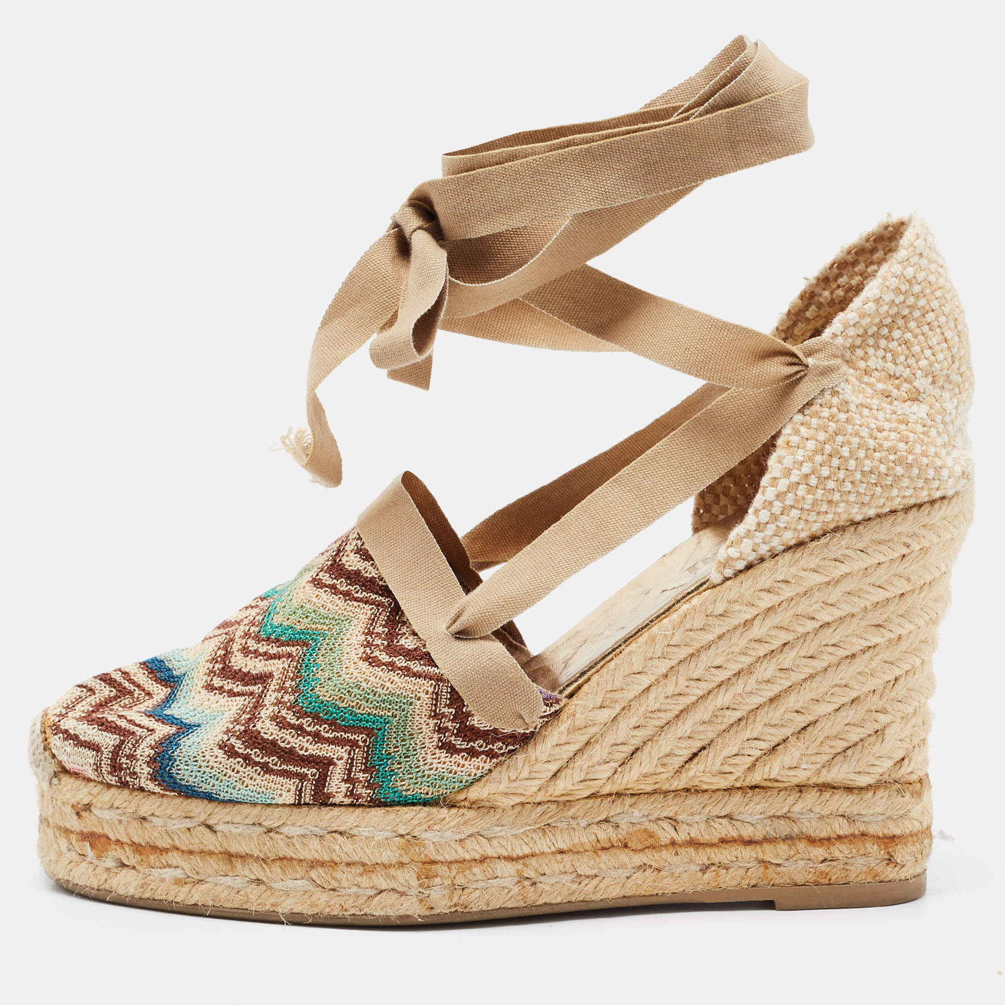 Pre Owned Missoni Multicolor Embroidered Fabric Ankle Tie Espadrille Wedge Pumps Size 37