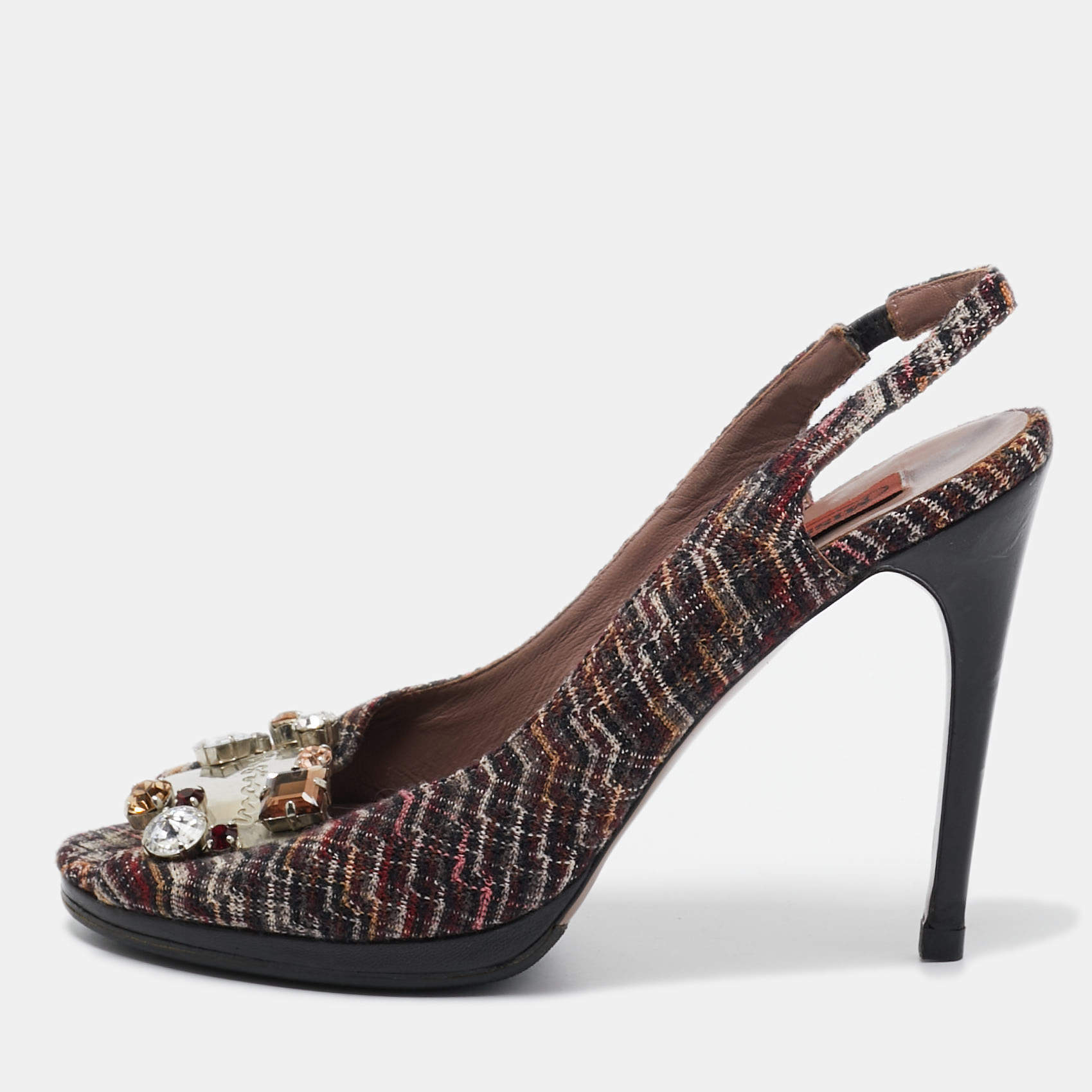 Pre Owned Missoni Multicolor Tweed Crystal Embellished Peep Toe Slingback Sandals Size 38