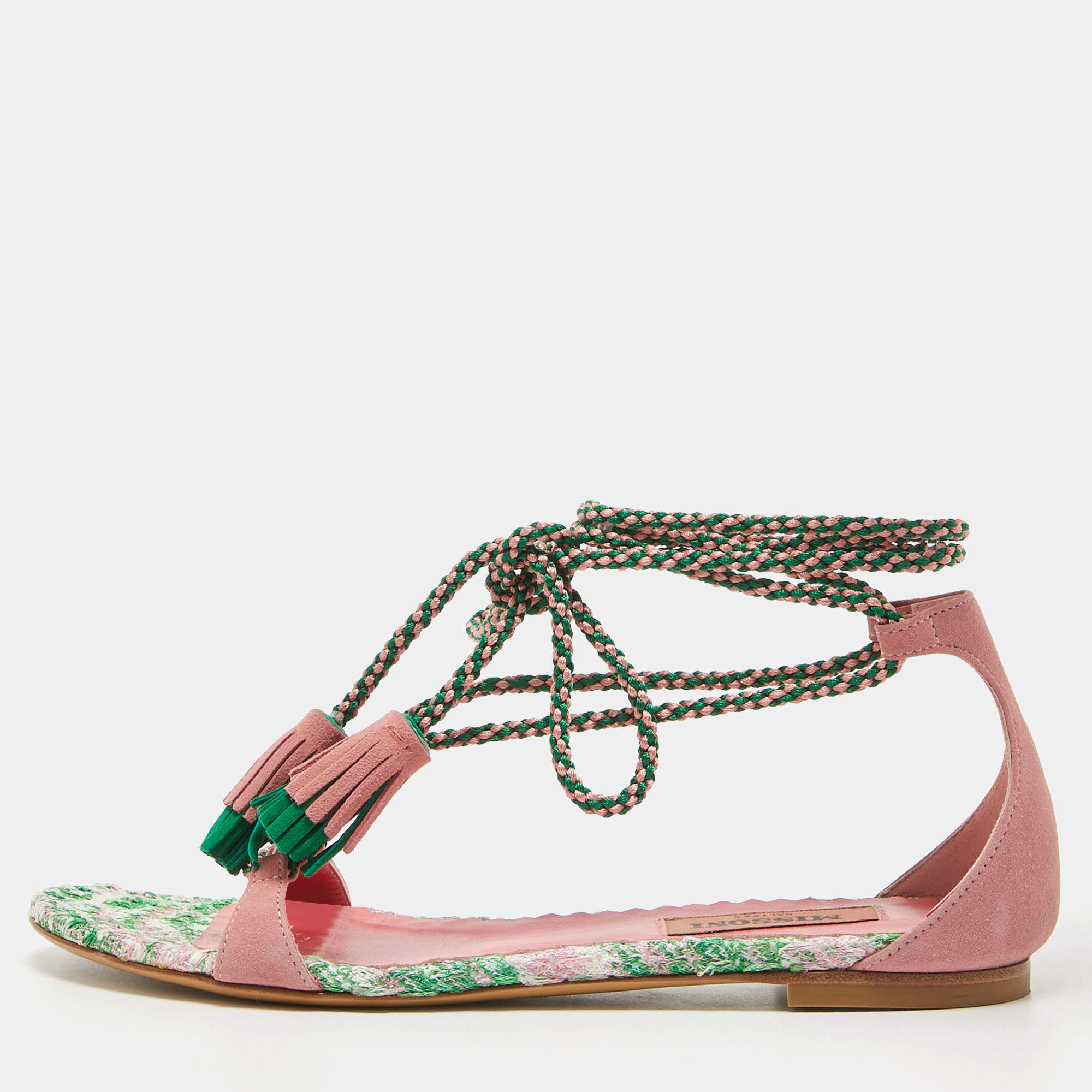 Pre Owned Missoni Multicolor Suede Zig Zag Tie Up Strap Flat Sandals Size 37