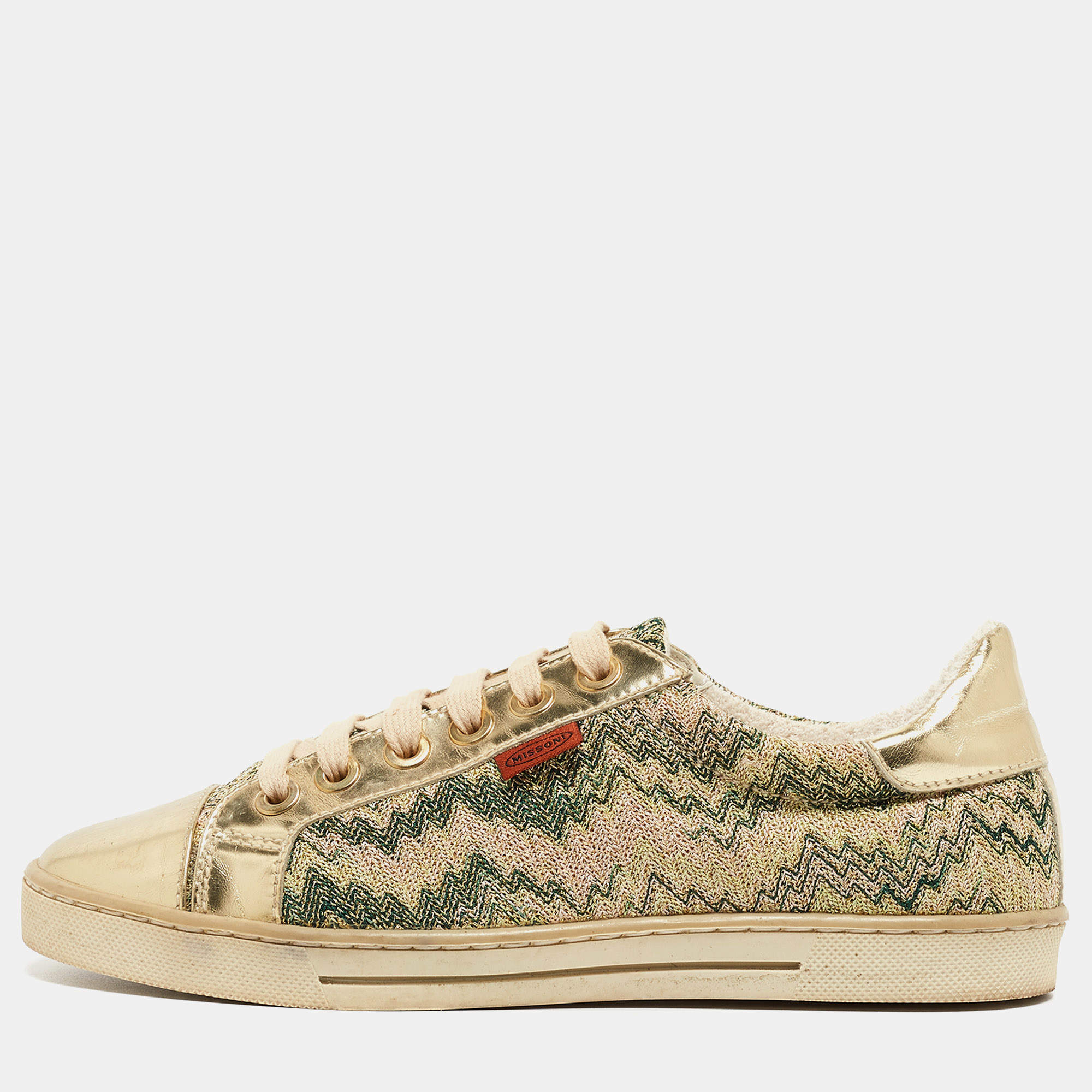 Pre Owned Missoni Gold Brocade Fabric and Leather Lace Up Sneakers Size 38.5