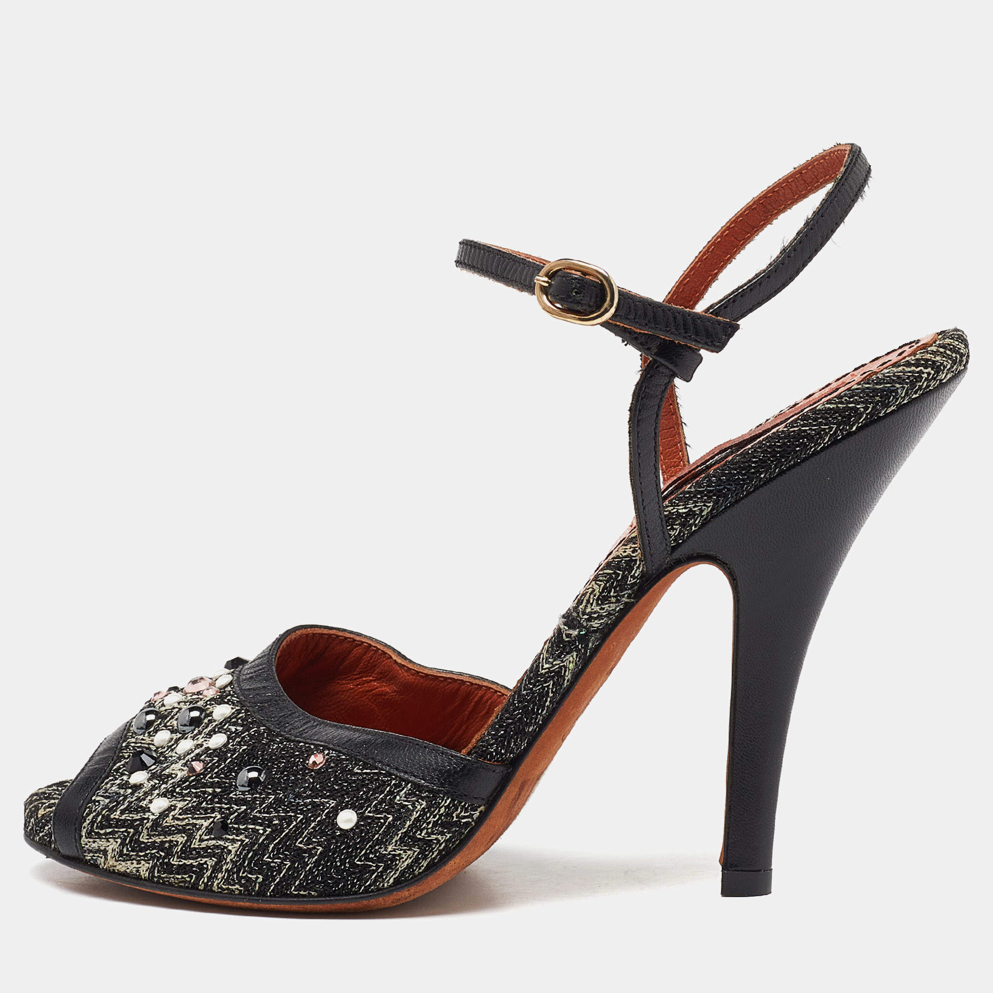 Pre Owned Missoni Black Embellished Patterned Knit Fabric and Leather Ankle Strap Sandals Size 36