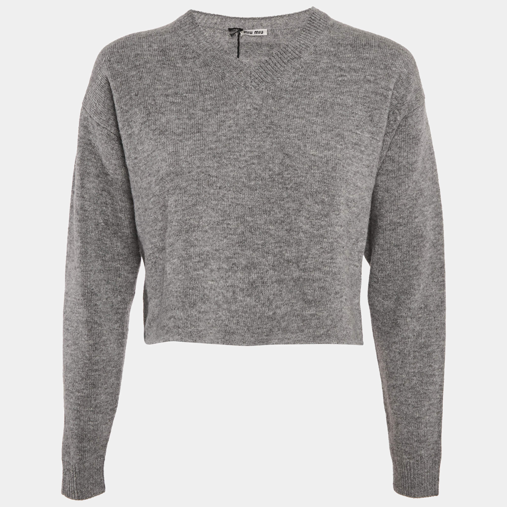 Miu Miu Grey Wool Knit V-Neck Crop Sweater S