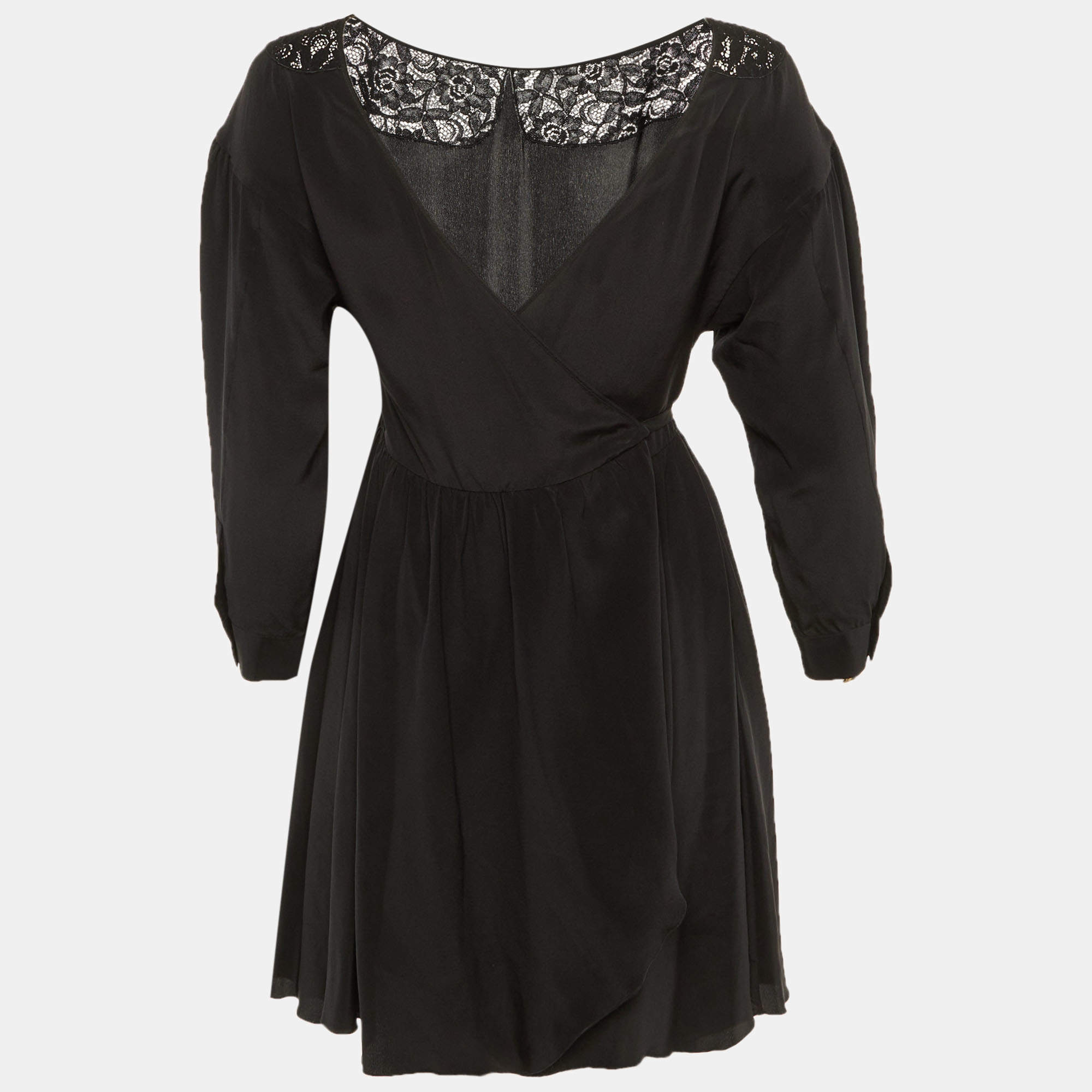 Pre Owned Miu Miu Black Silk Lace Detail Wrap Around Mini Dress XS