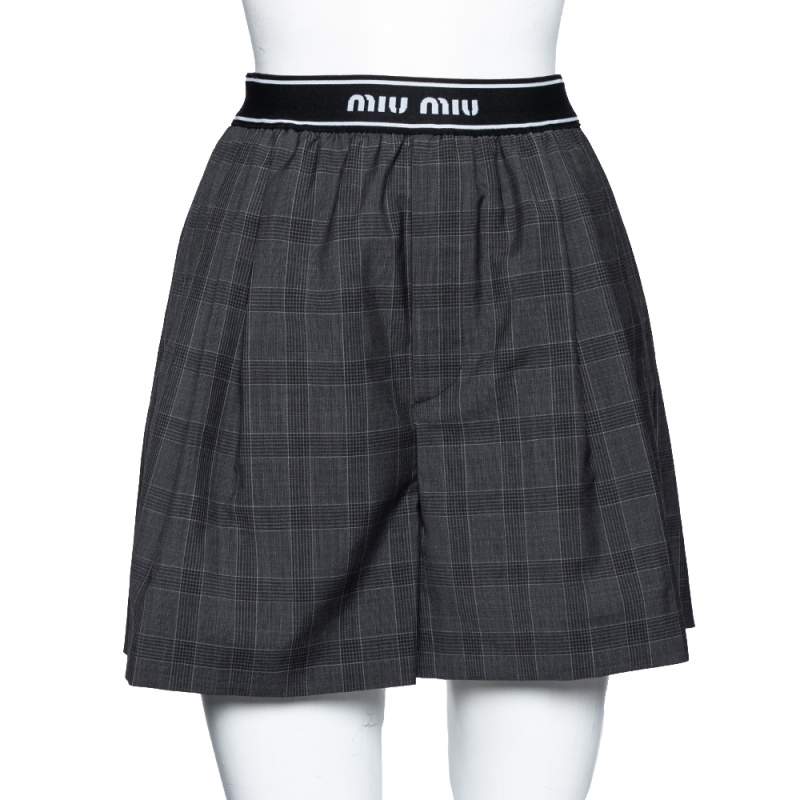 Miu Miu Grey Prince of Wales Check Wool Shorts S