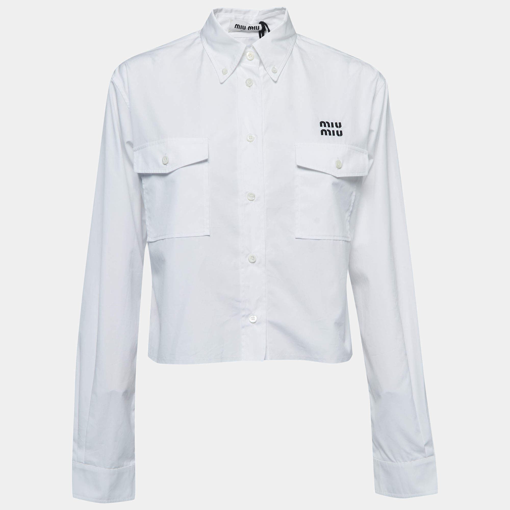 Miu Miu White Cotton Cropped Long Sleeve Shirt S