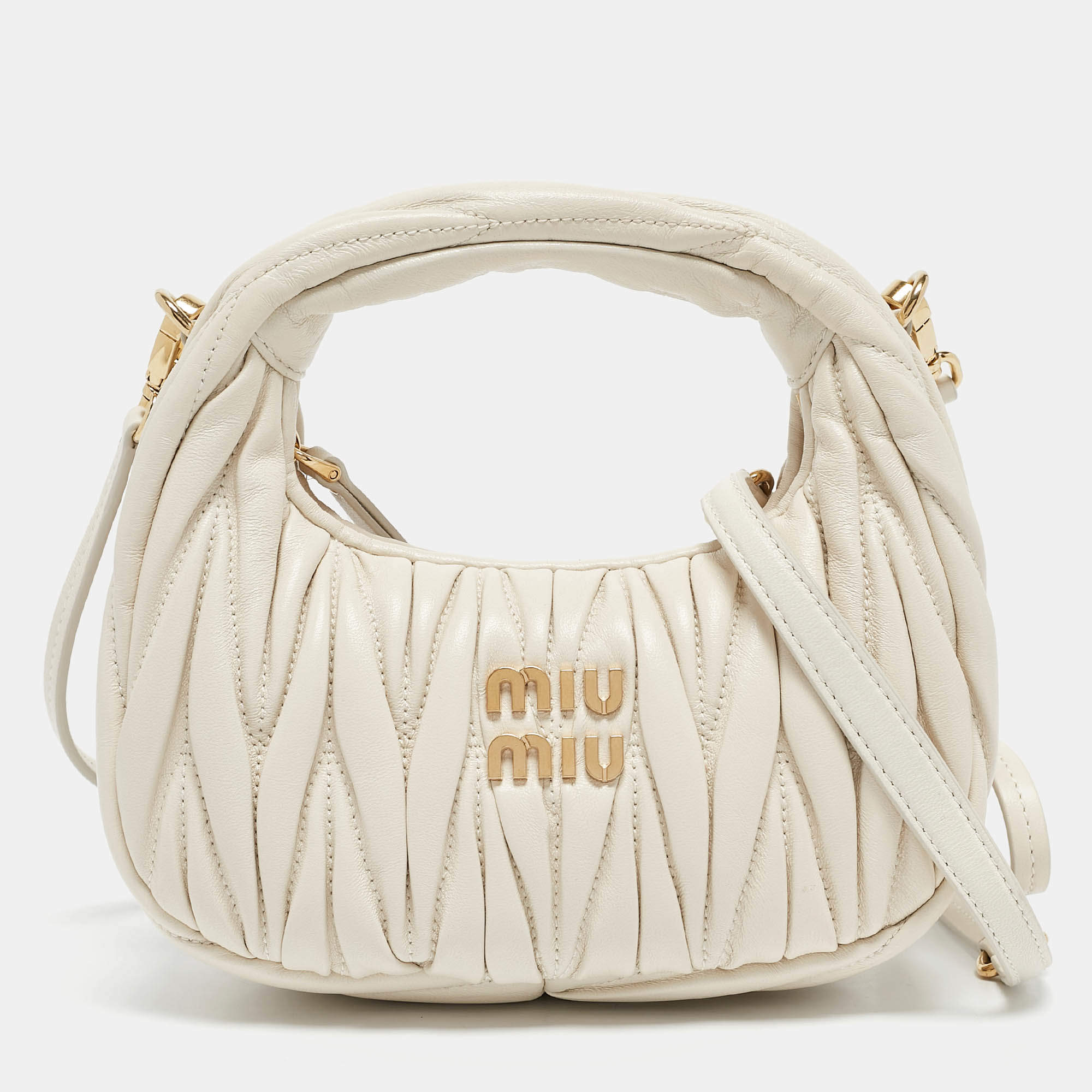 Miu Miu White Matelassé Leather Small Wander Hobo
