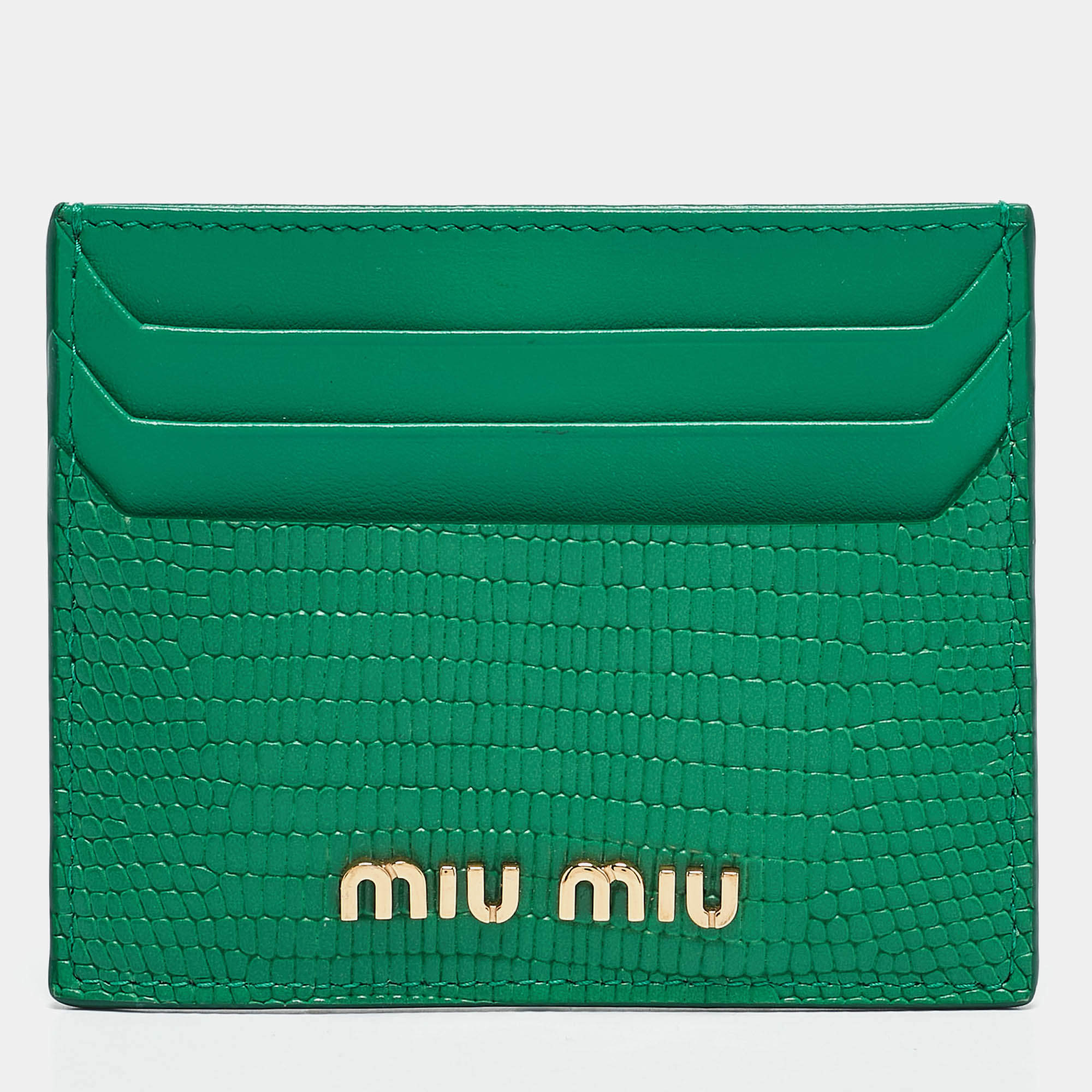 Miu Miu Green Lizard Embossed Leather Card Holder
