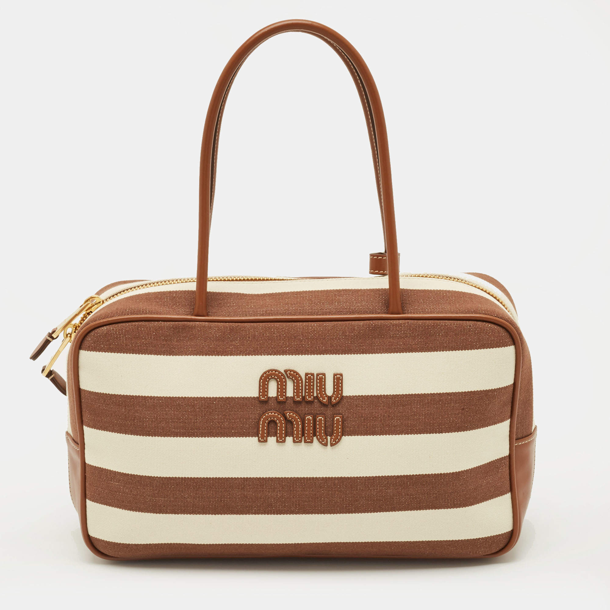 مملوكة مسبقًا Miu Miu Beau Brown/Off White Stripe Canvas and Leather Satchel