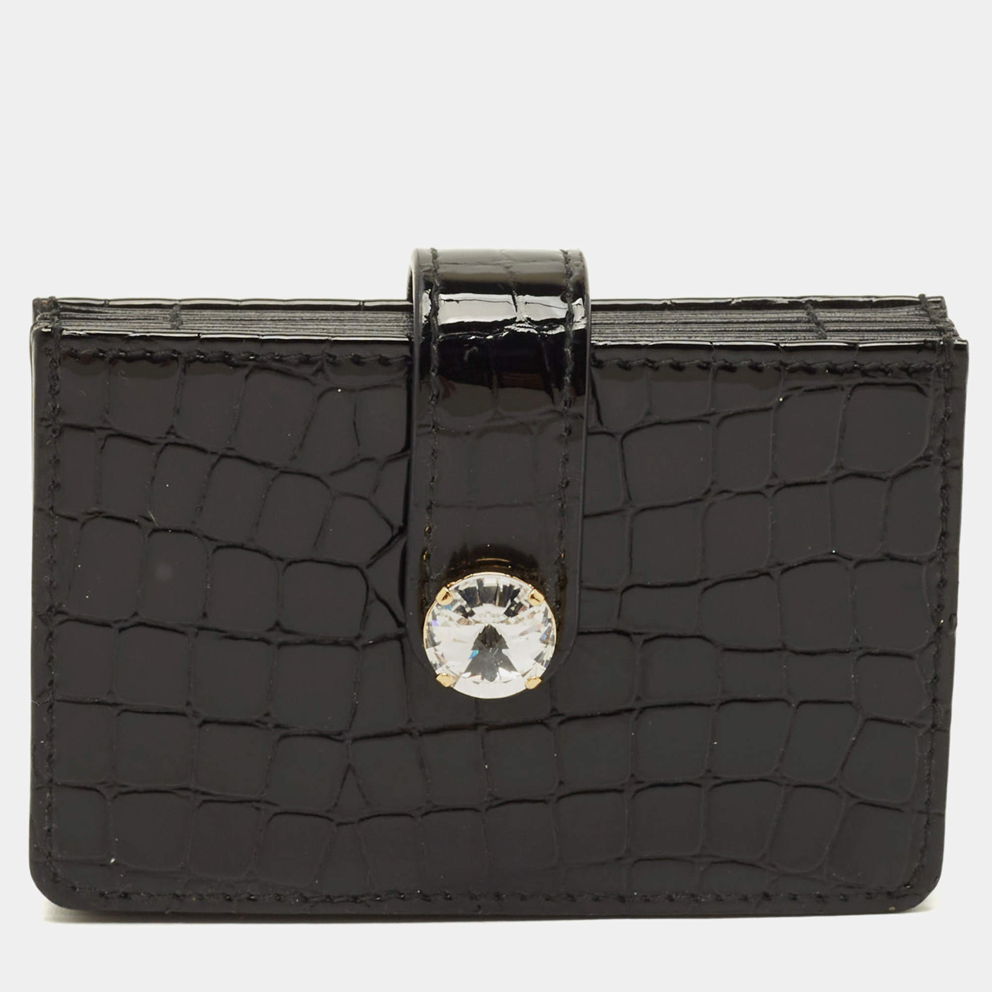 Pre Owned Miu Miu Crystal Embellished Black Croc Embossed Patent Leather Flap Card Holder