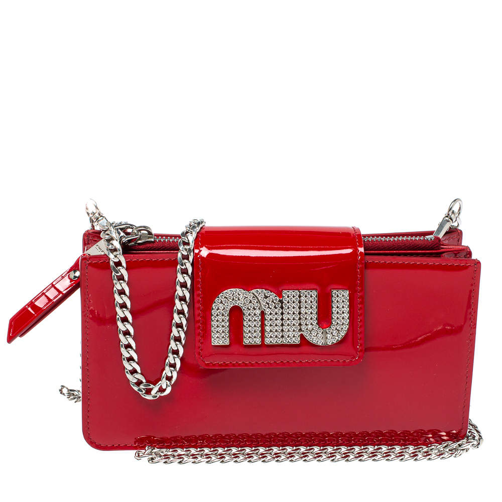 Miu Miu Red Vernice Leather Crystal Embellished Wallet on Chain