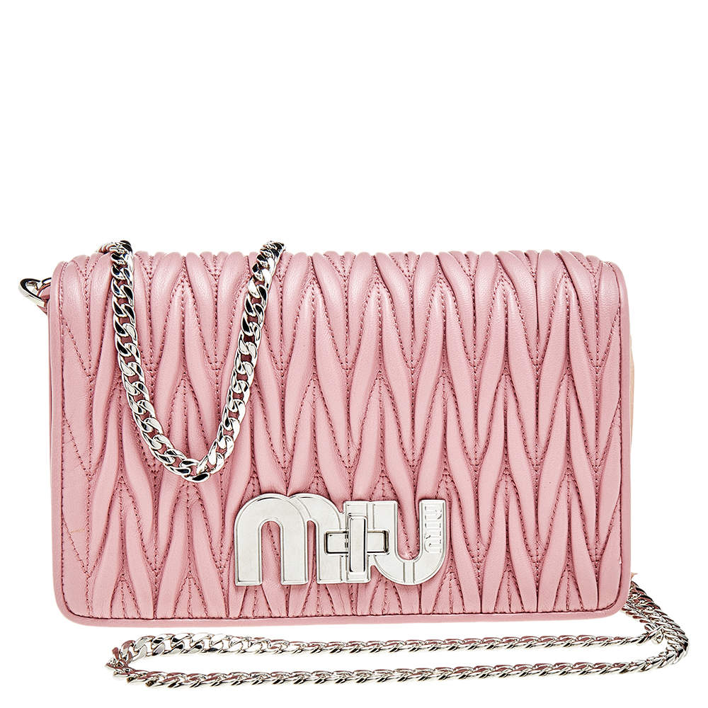 MIU MIU Pink Matelasse Leather Small Miu Logo Delice Shoulder Bag Miu ...