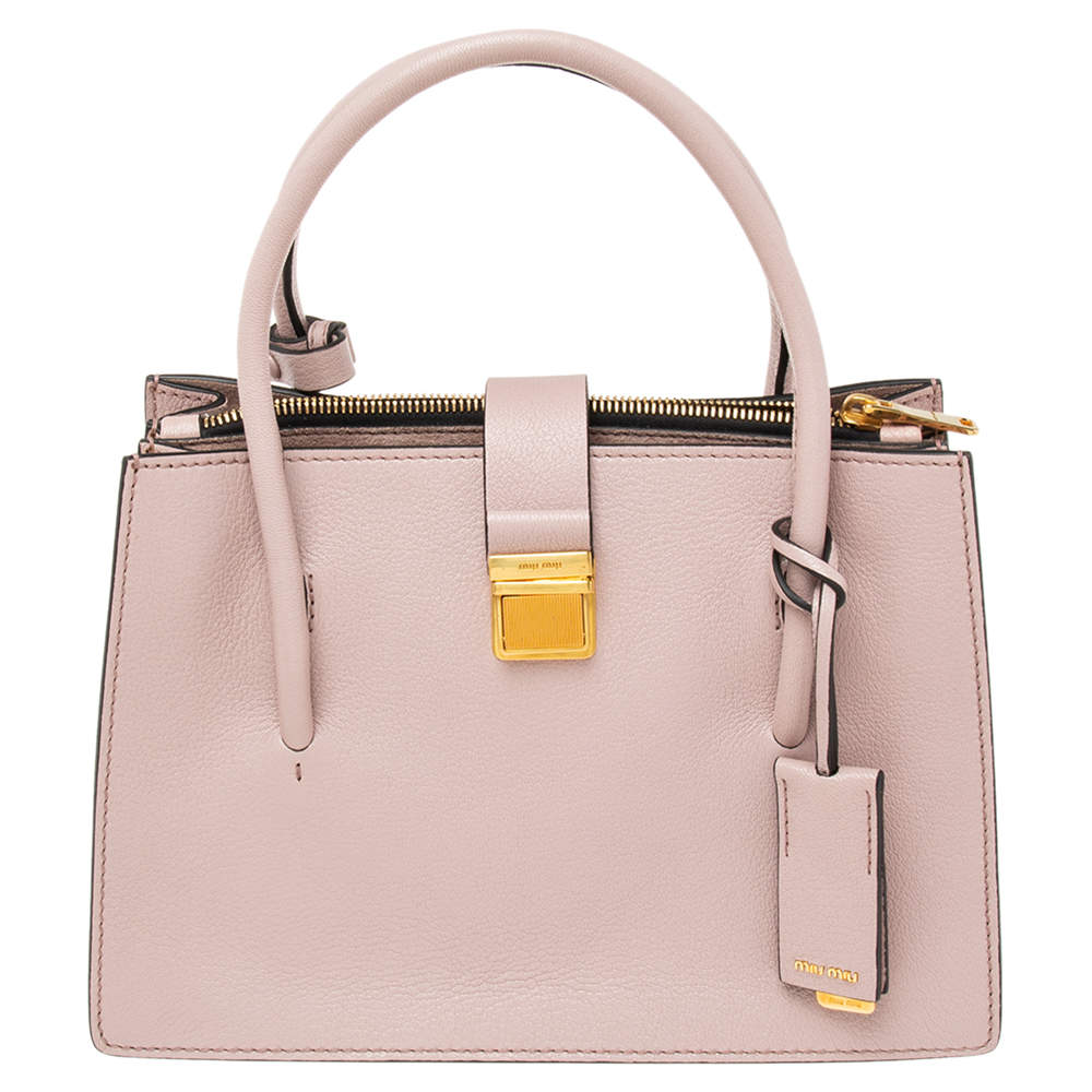 Pre Owned Miu Miu Pale Pink Madras Leather Push Lock Tote 