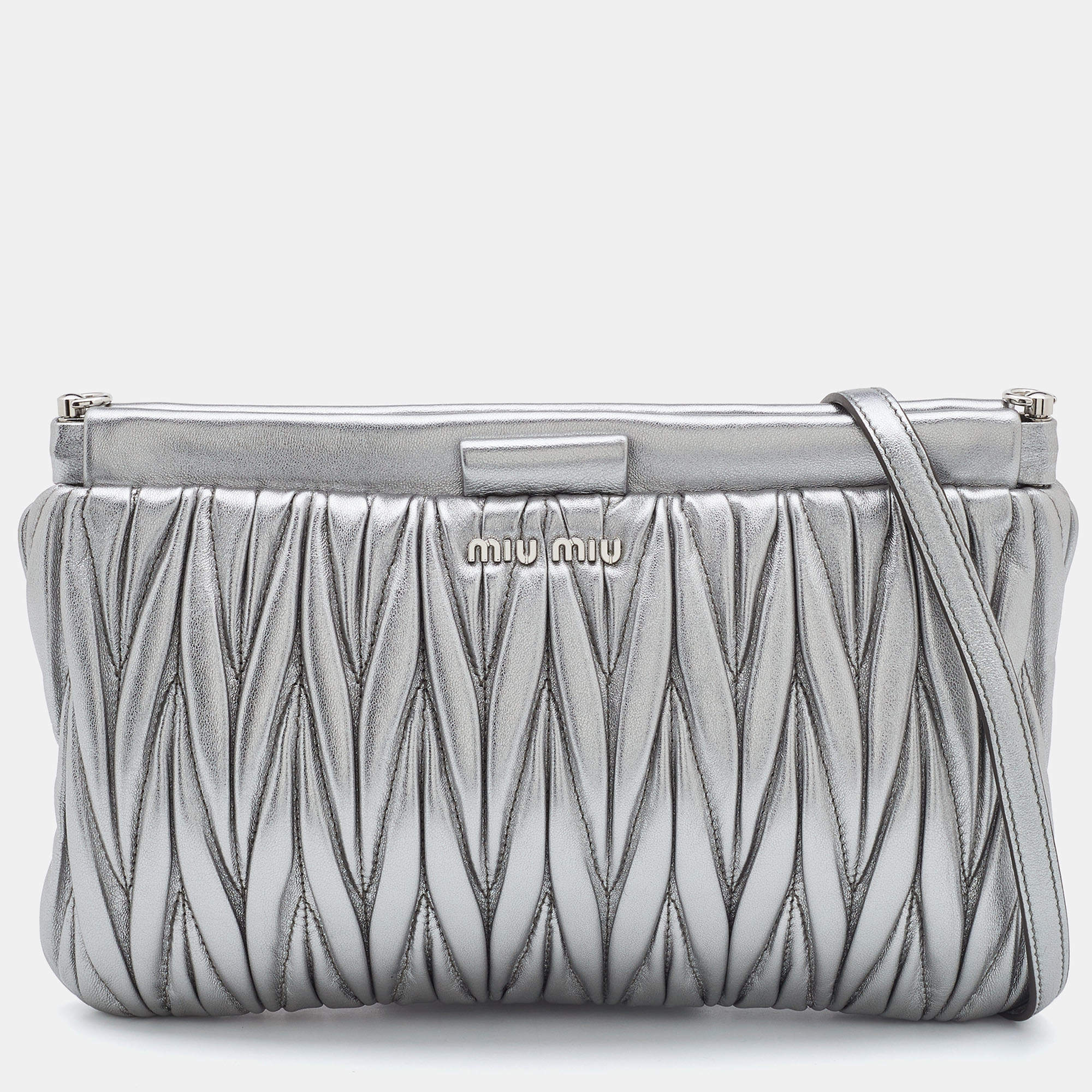 Miu Miu Silver Matelassé Leather Frame Crossbody Bag