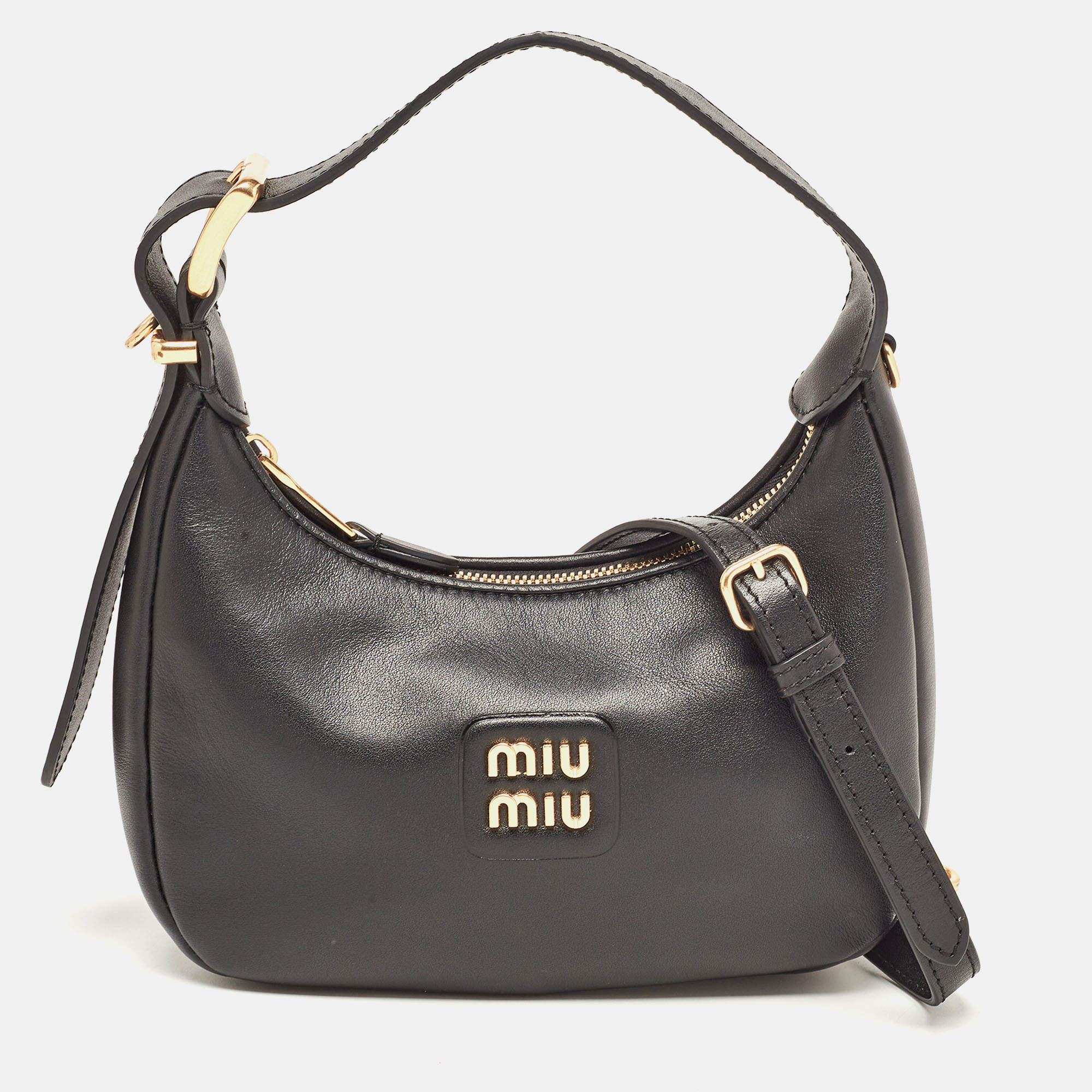 مملوكة مسبقًا Miu Miu Black Logo Plaque Leather Hobo