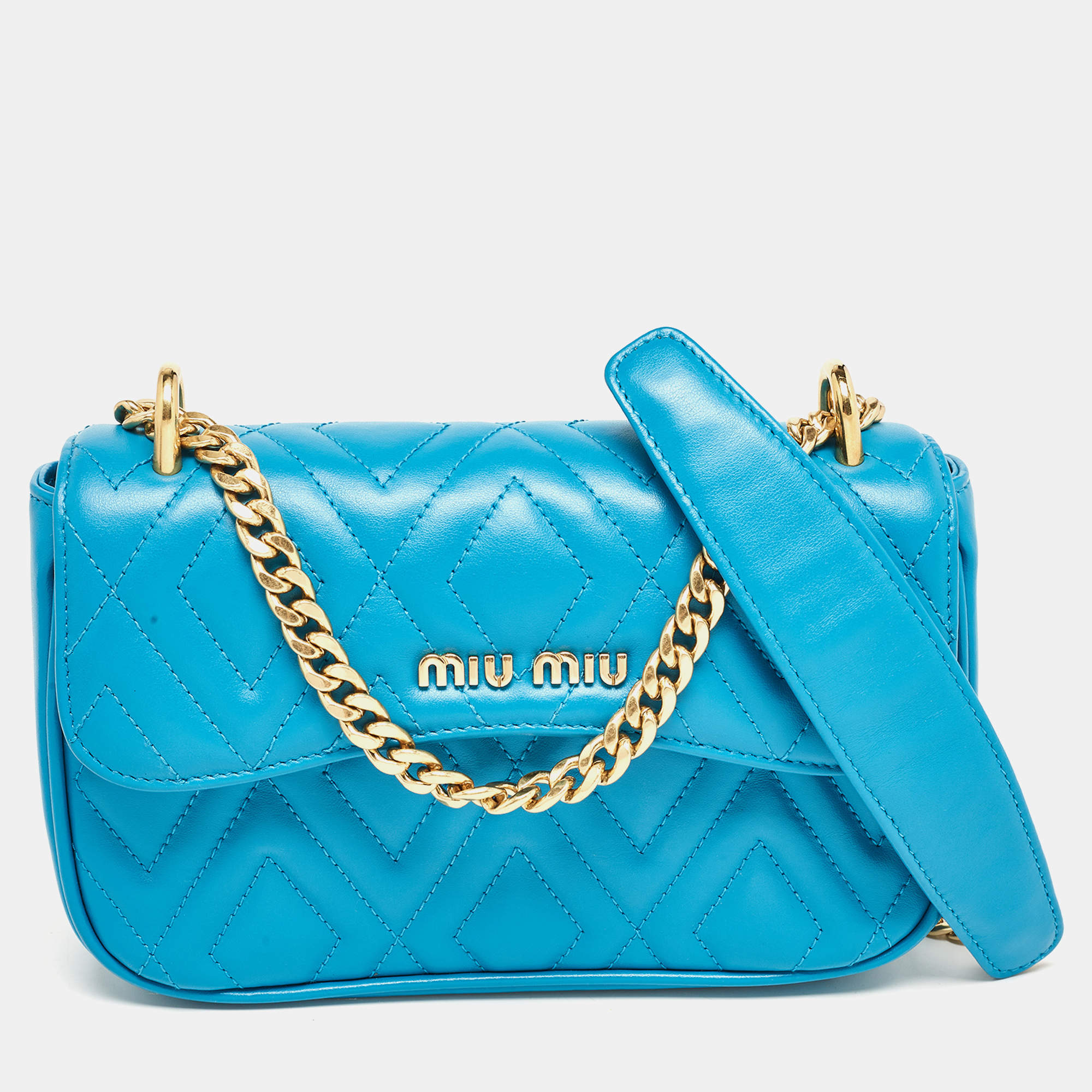Miu Miu Blue Quilted Leather Chain Shoulder Bag