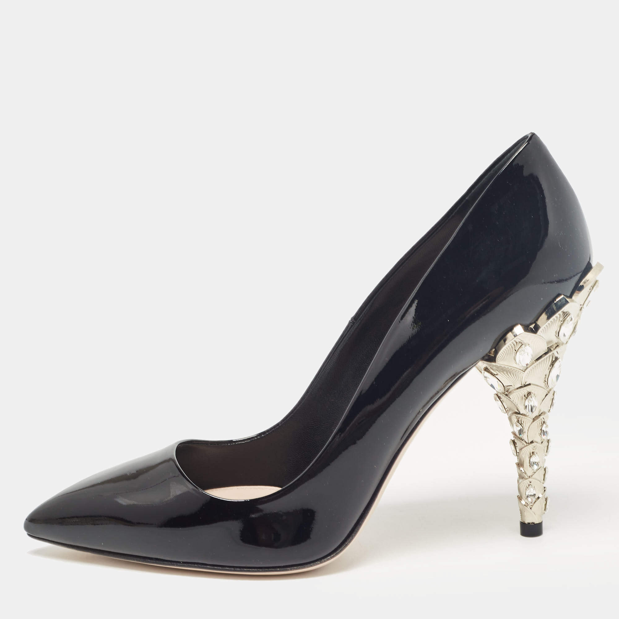 Miu Miu Black Patent Leather Crystal Embellished Heel Pumps Size 37.5