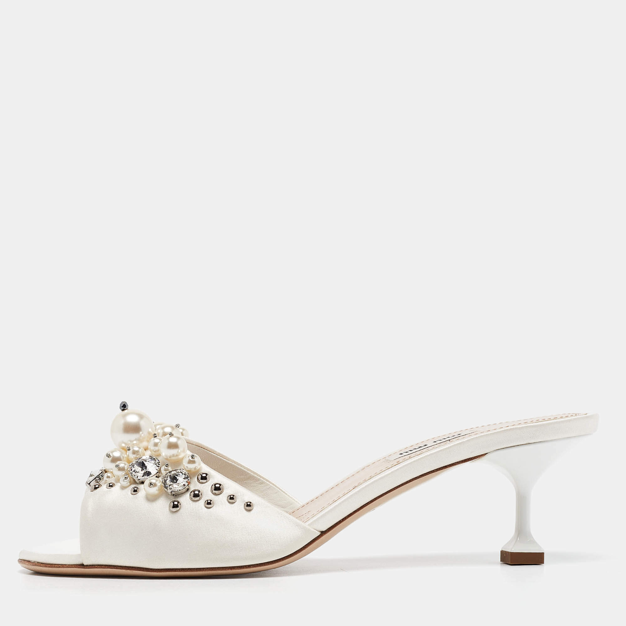 Miu Miu Cream Satin Embellished Slide Sandals Size 40