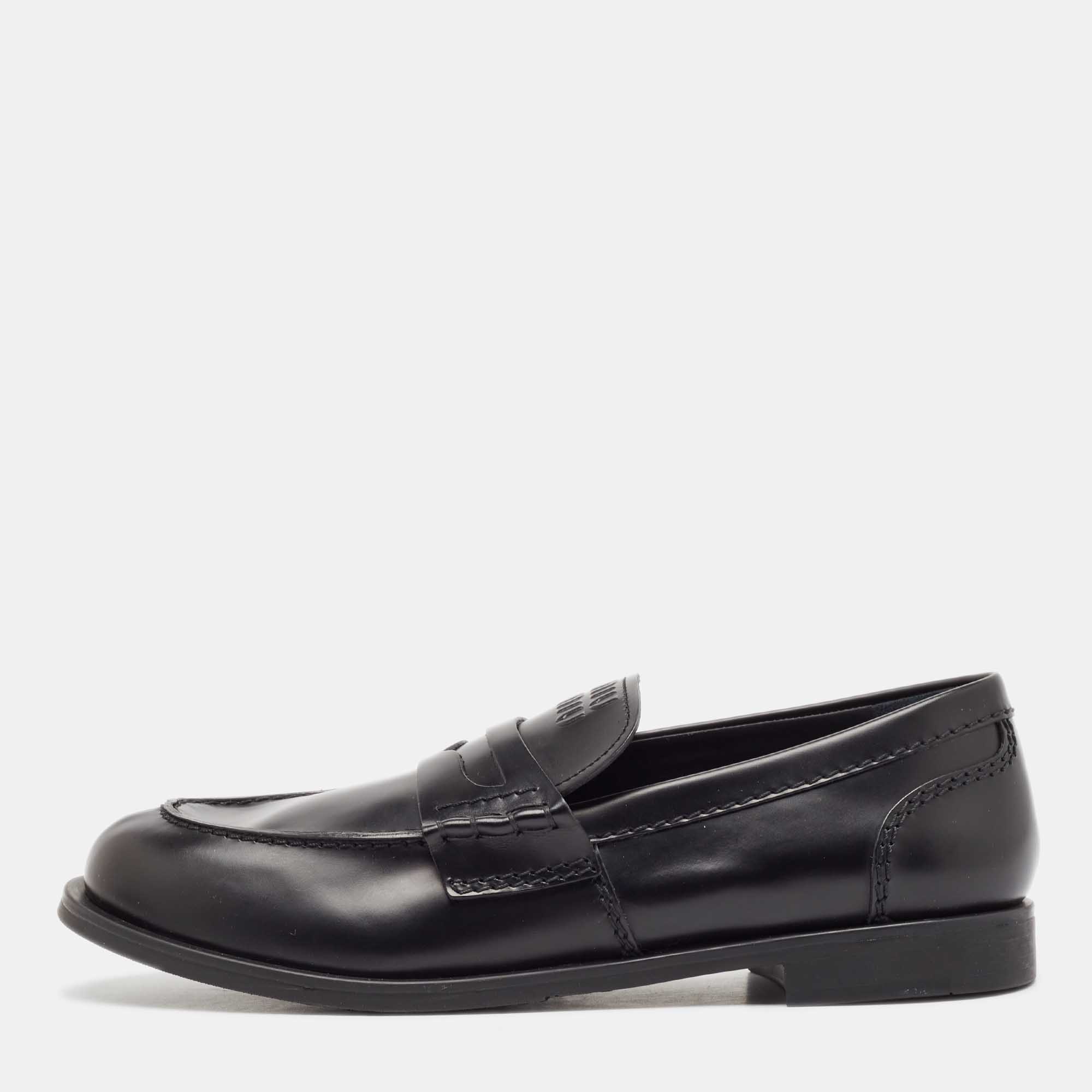 Miu Miu Black Leather Slip On Loafers Size 39