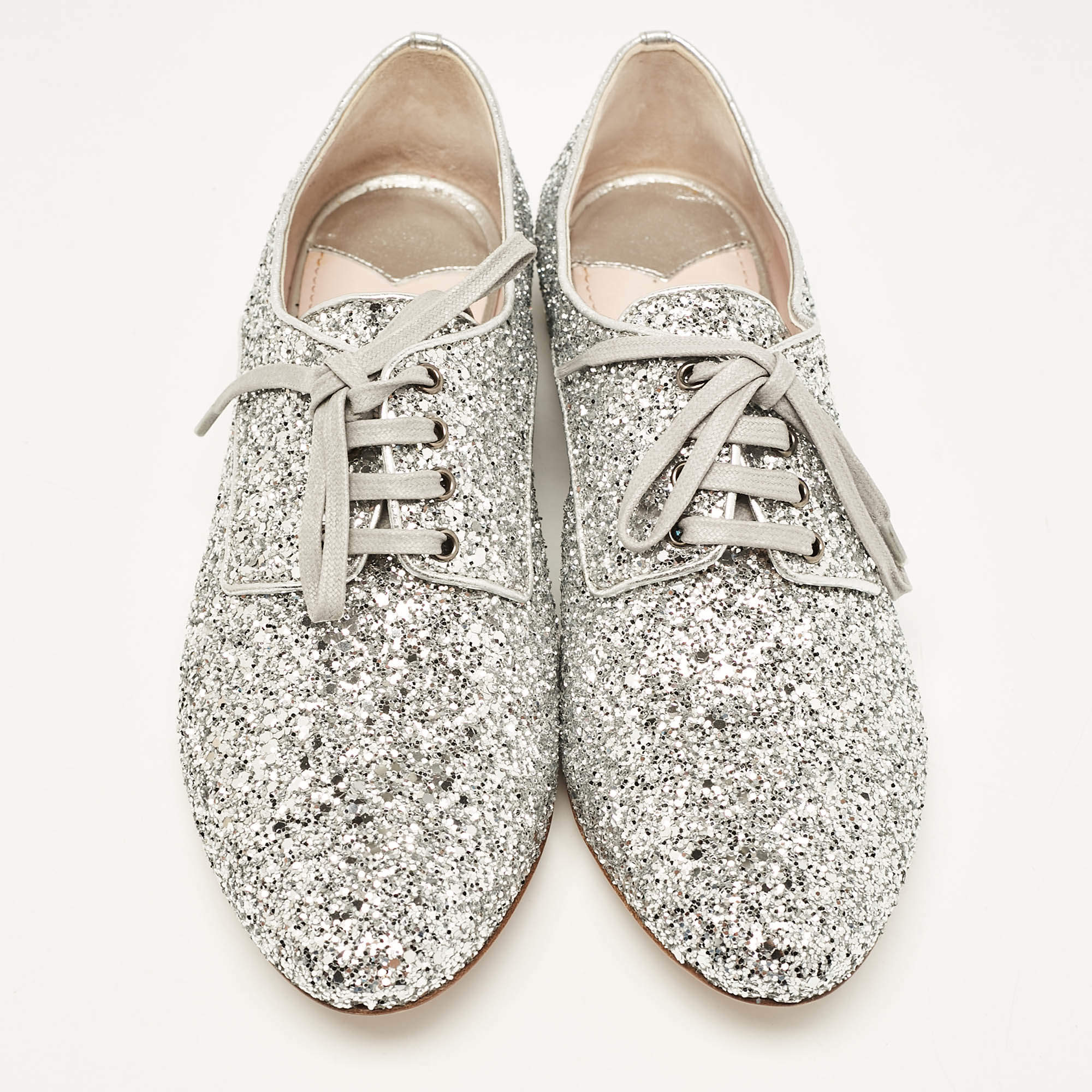 Pre Owned Miu Miu Silver Glitter Crystal Embellished Heels Lace Up Derby Size 36
