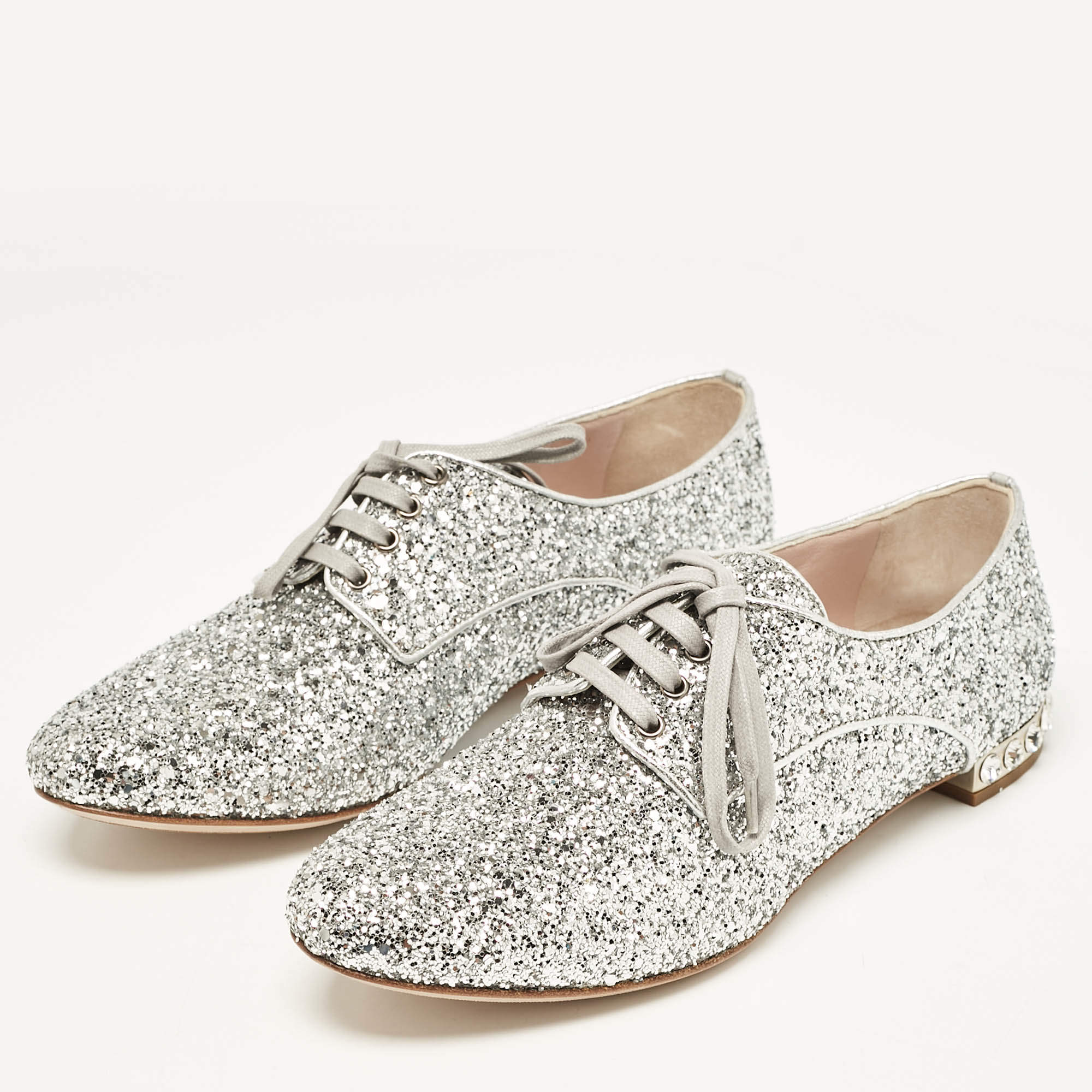 Pre Owned Miu Miu Silver Glitter Crystal Embellished Heels Lace Up Derby Size 36