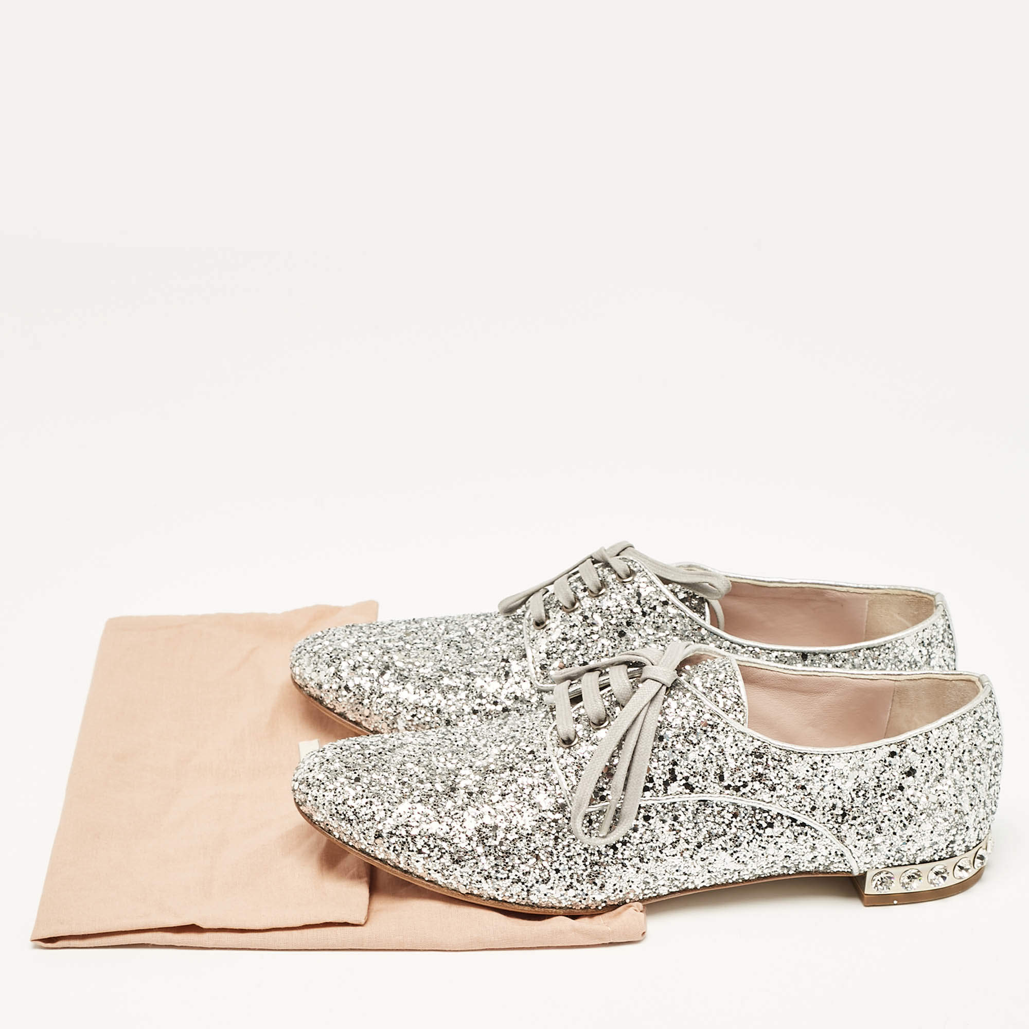 Pre Owned Miu Miu Silver Glitter Crystal Embellished Heels Lace Up Derby Size 36