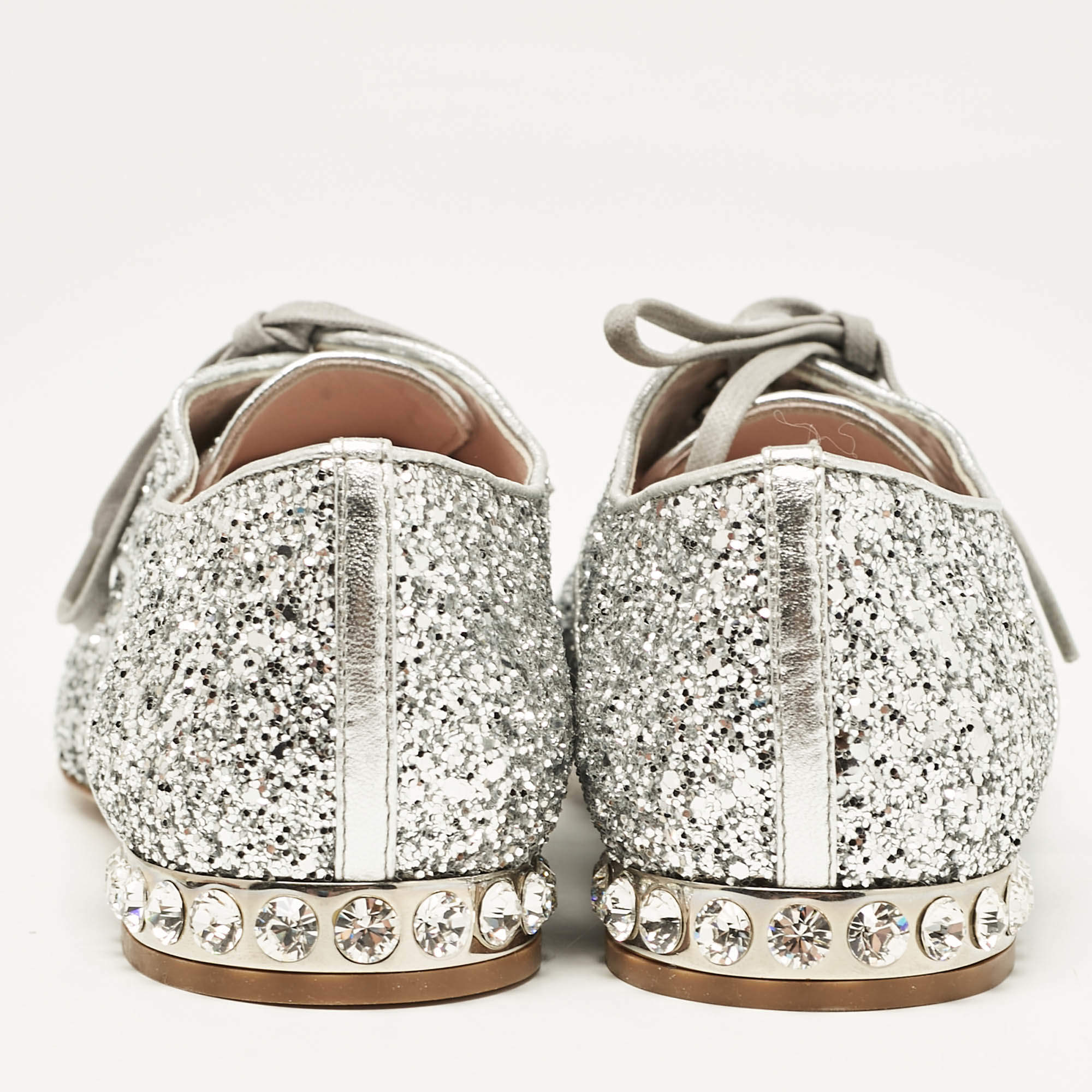 Pre Owned Miu Miu Silver Glitter Crystal Embellished Heels Lace Up Derby Size 36