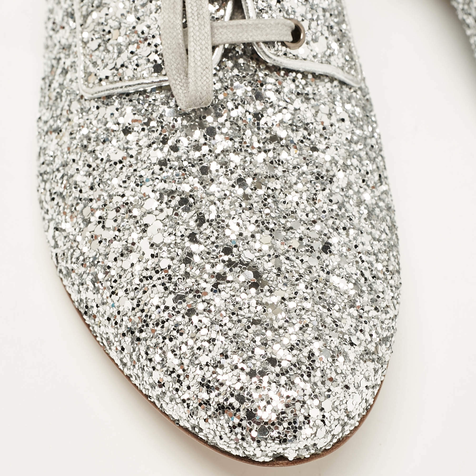 Pre Owned Miu Miu Silver Glitter Crystal Embellished Heels Lace Up Derby Size 36