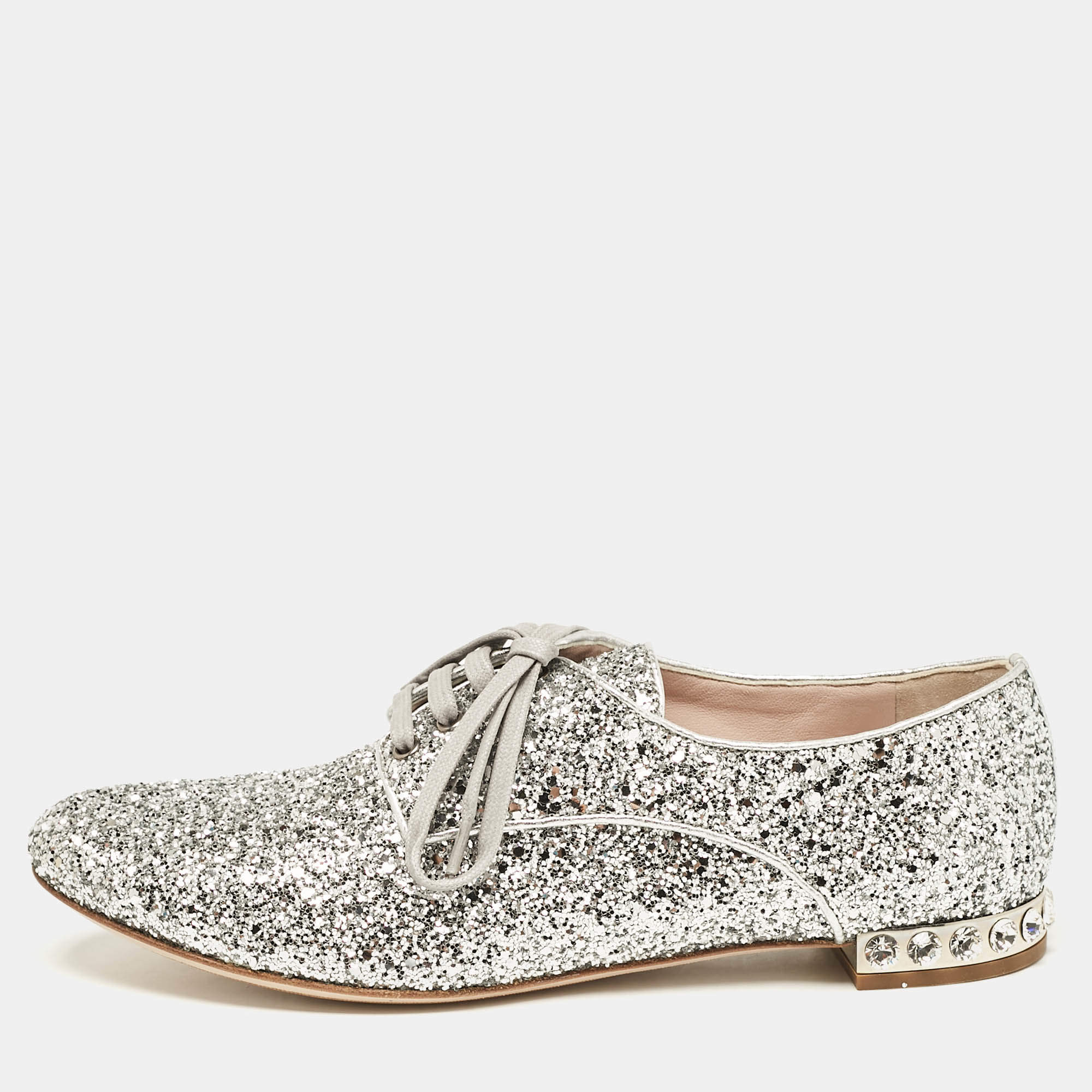 Miu Miu Silver Glitter Crystal Embellished Heels Lace Up Derby Size 36