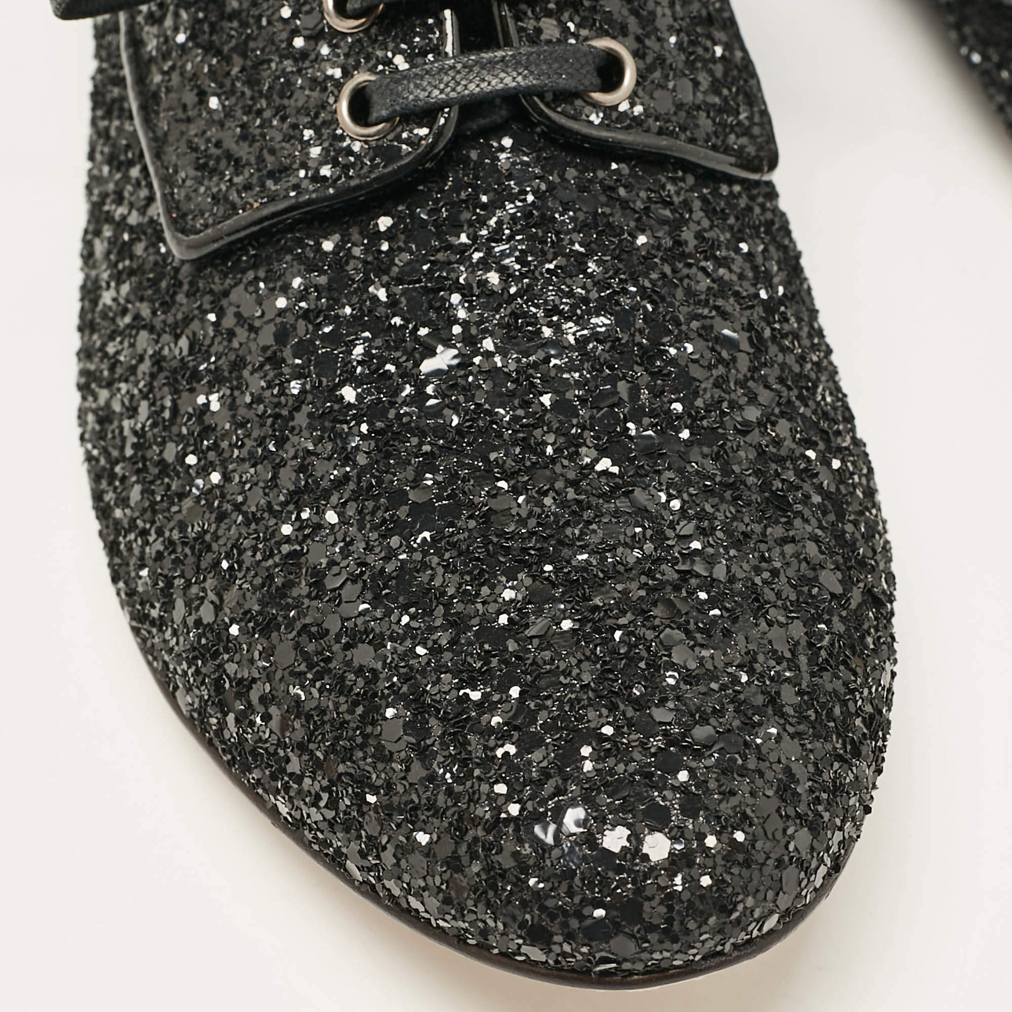 Miu Miu Black Glitter Crystal Embellished Heels Lace Up Derby Size