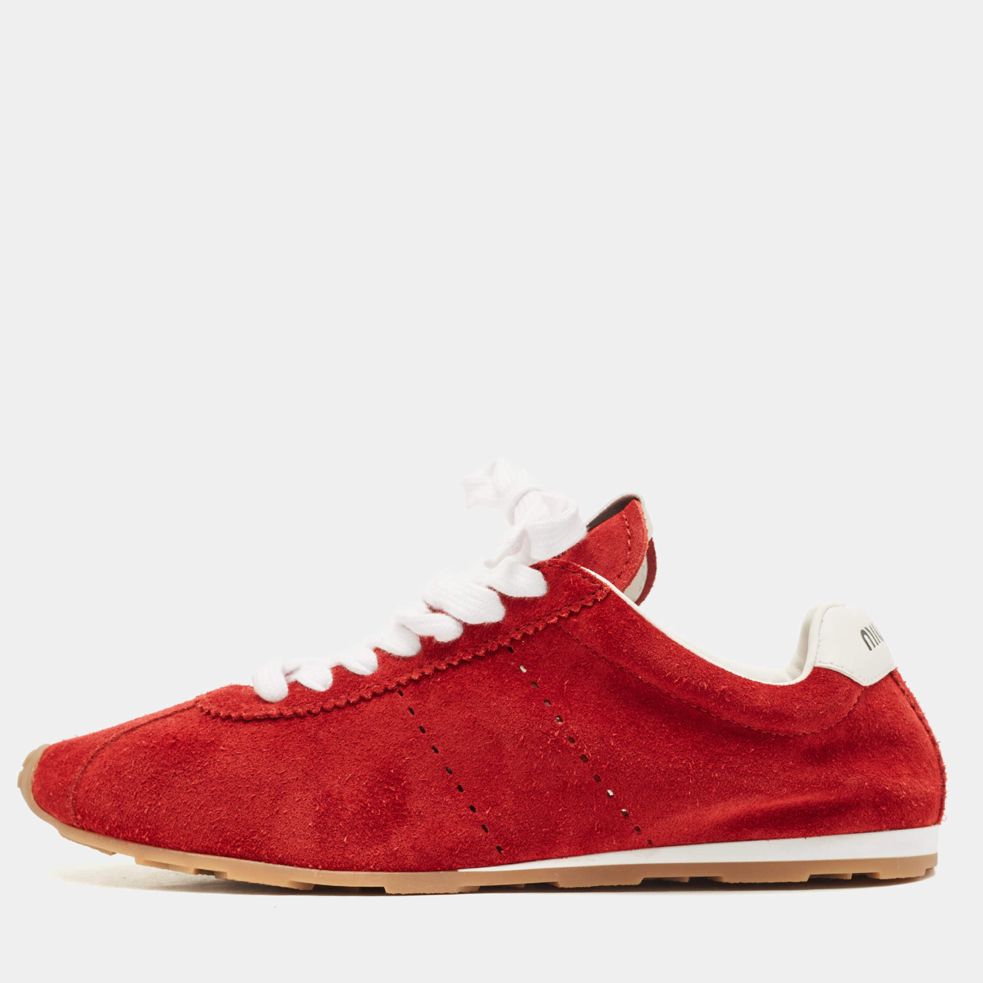 Pre Owned Miu Miu Red Leather and Suede Plume Lace Up Sneakers Size 39