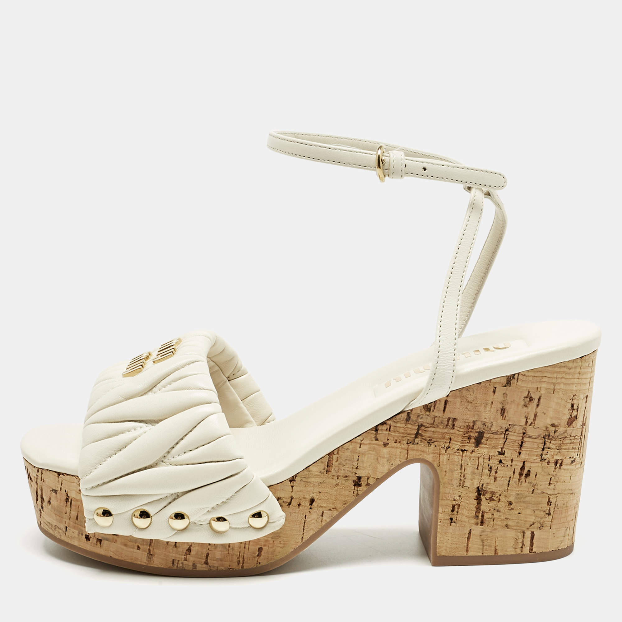 Pre Owned Miu Miu White Leather Ankle Strap Cork Sandals Size 36.5