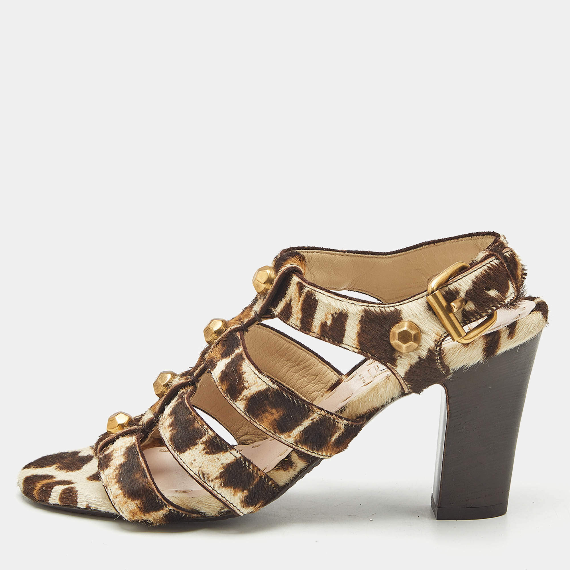 Pre Owned Miu Miu Brown/Beige Calf Hair Studded Strappy Sandals Size 35.5