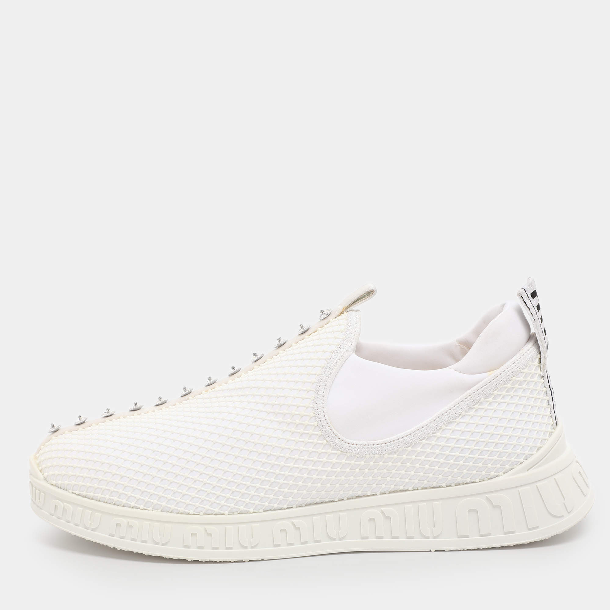 Pre Owned Miu Miu White Mesh and Neoprene Crystal Embellished Slip-On Sneakers Size 38