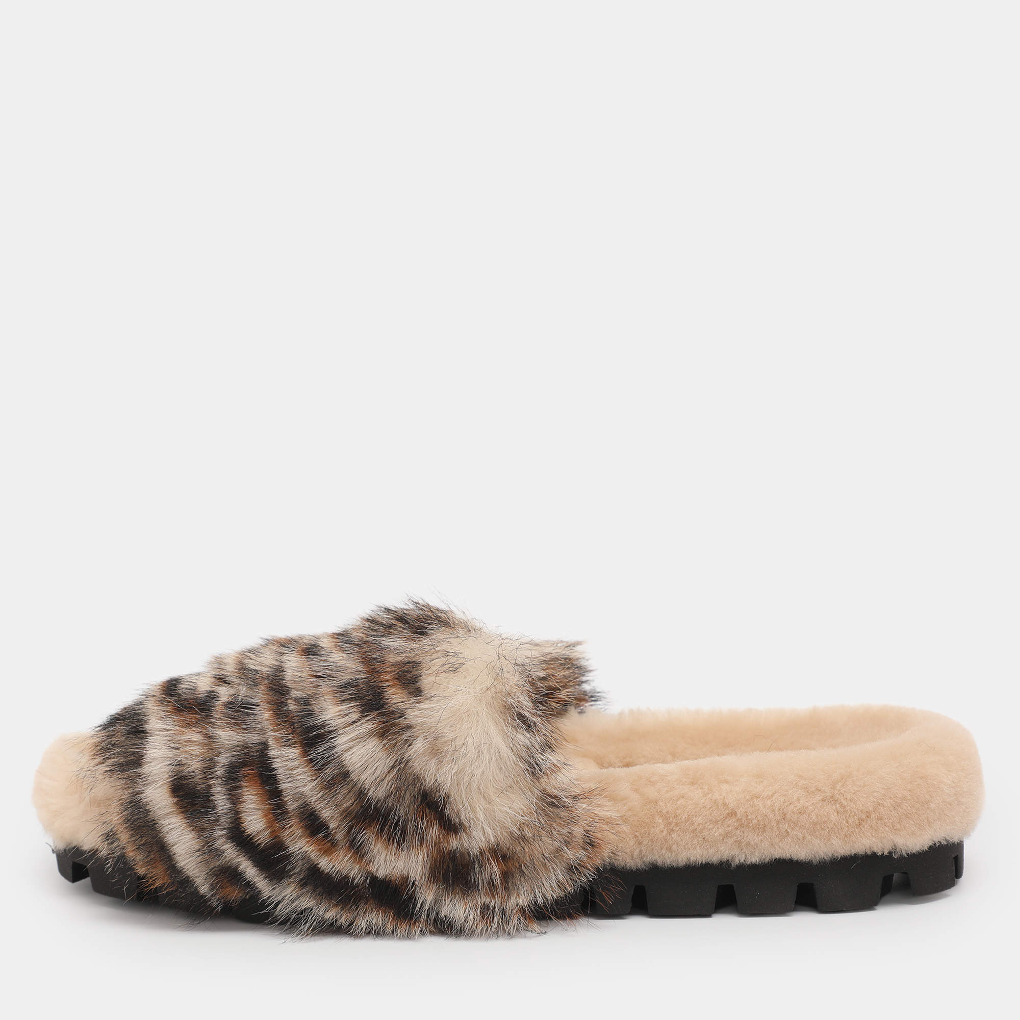 Pre Owned Miu Miu Beige Animal Print Faux Fur Slide Sandals Size 38.5