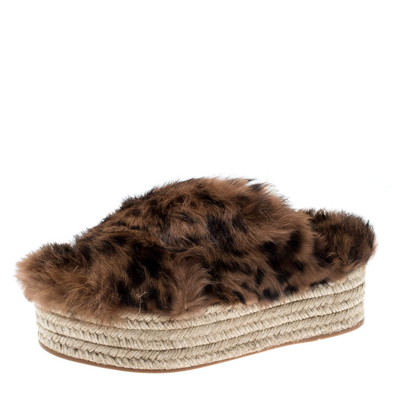 Miu Miu Brown Leopard Print Fur Cross Strap Espadrille Platform Slides Size 37.5 