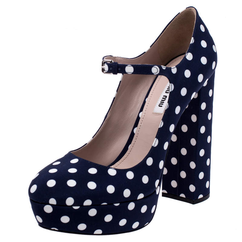 Pre Owned Miu Miu Blue Polka Dot Canvas Mary Jane Platform Ankle Strap Pumps Size 39