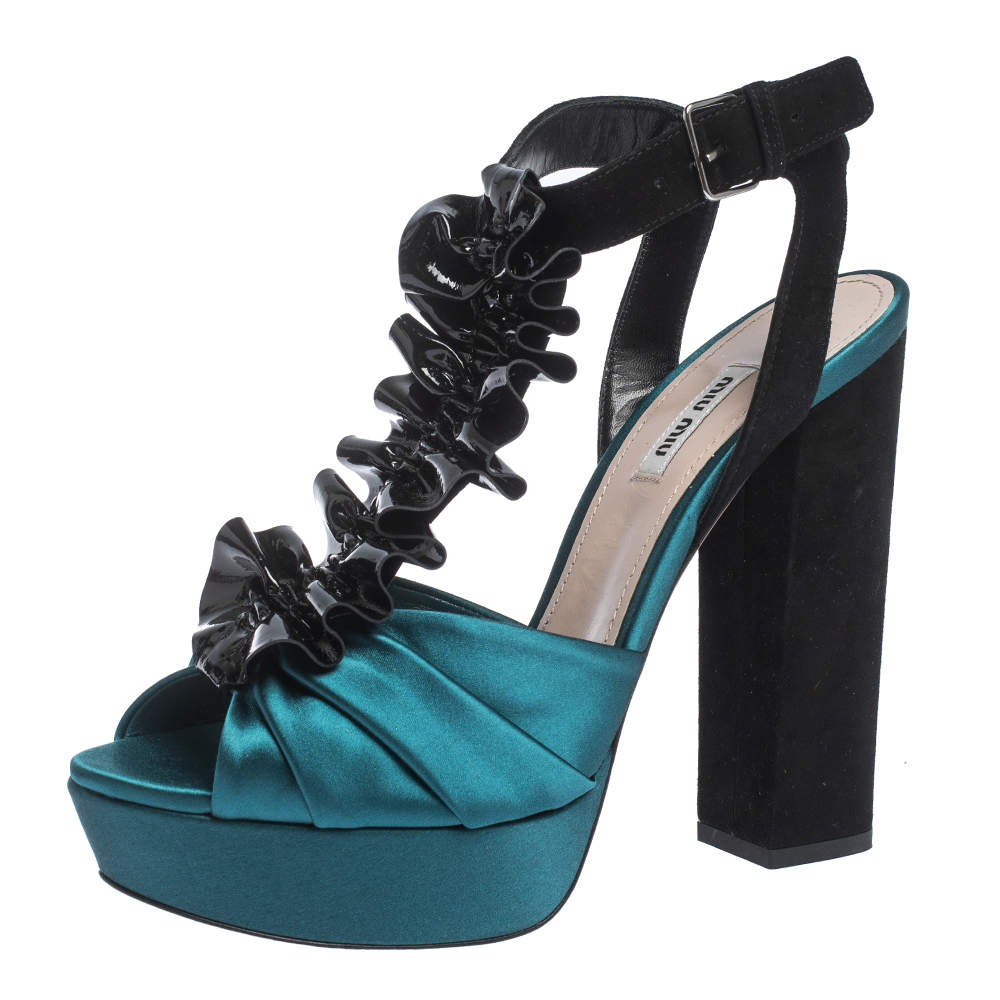 مملوكة مسبقًا Miu Miu Multicolor Satin, Suede and Ruffled Patent Leather Platform Ankle Strap Sandals Size 41