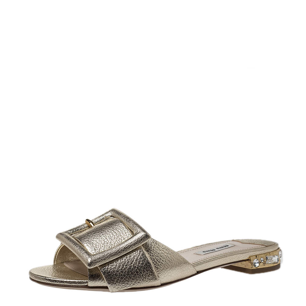 Miu Miu Metallic Gold Leather Buckle And Jeweled Heel Slide Flats Size 37