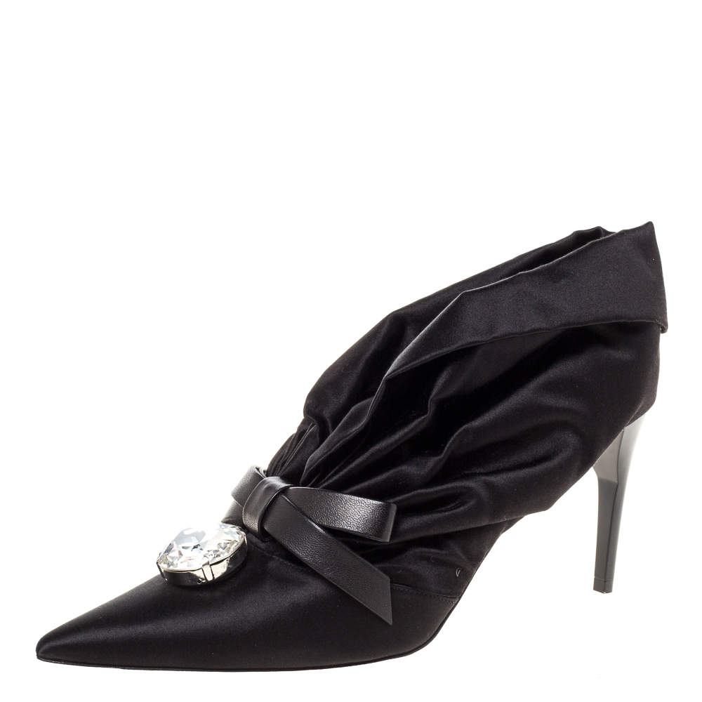 Pre Owned Miu Miu Black Ruched Satin Crystal Bow Embellished Pointed Toe Pumps Size 41