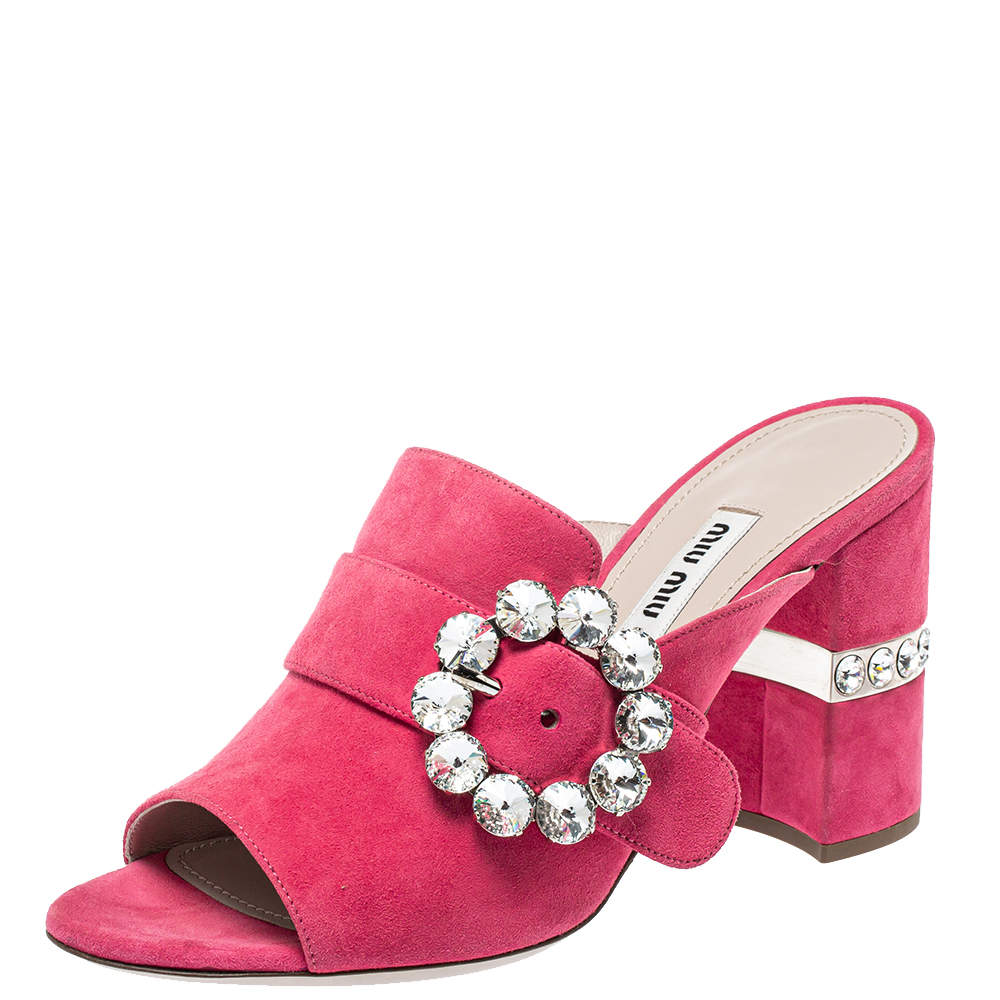 Pre Owned Miu Miu Pink Suede Crystal Embellished Block Heel Sandals Size 37