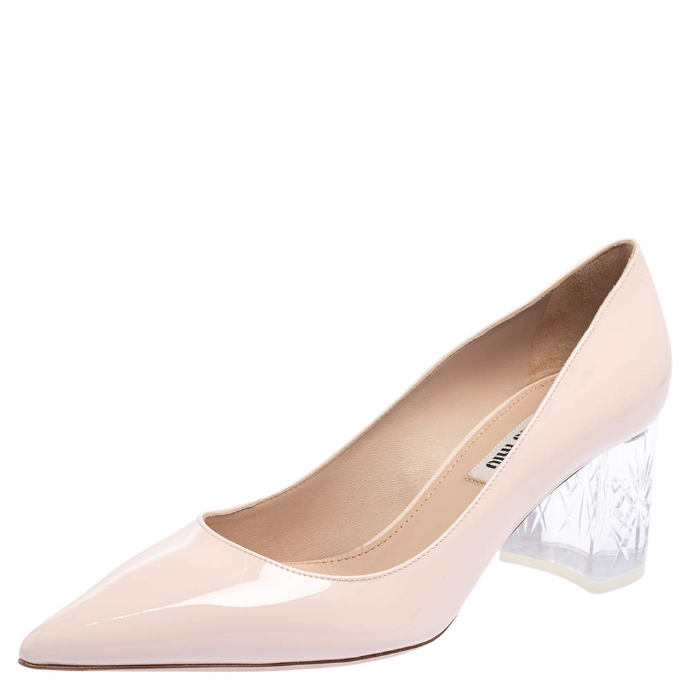 مملوكة مسبقًا Miu Miu Pink Patent Leather Pointed Toe Block Heel Pumps Size 37.5