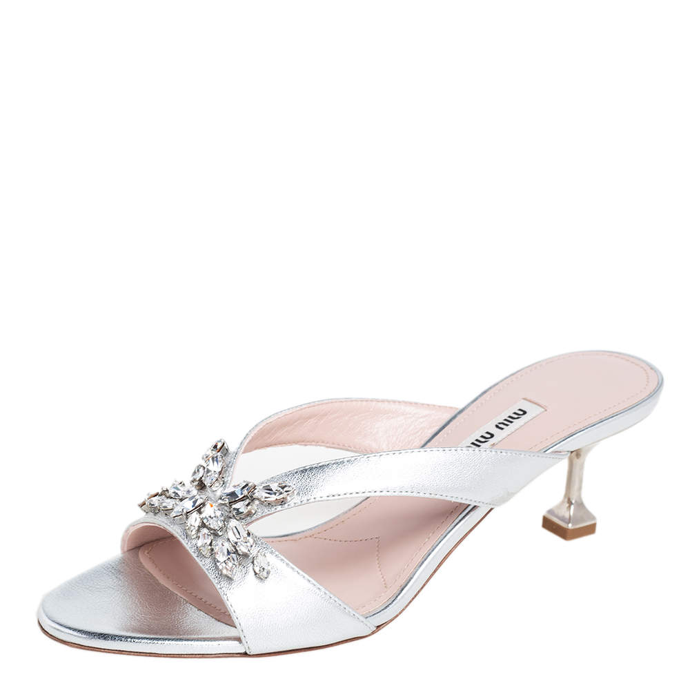 Miu Miu Silver Leather Crystal Embellished Slide Sandals Size 39