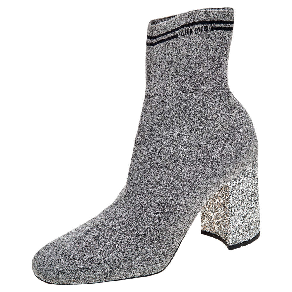 Pre Owned Miu Miu Silver Metallic Lurex Fabric Sock And Glitter Block Heel Ankle Boots Size 38.5