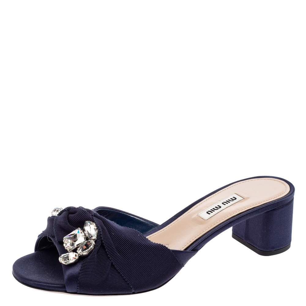 Miu Miu Navy Blue Satin and Knotted Fabric Crystal Embellished Slide Sandals Size 38