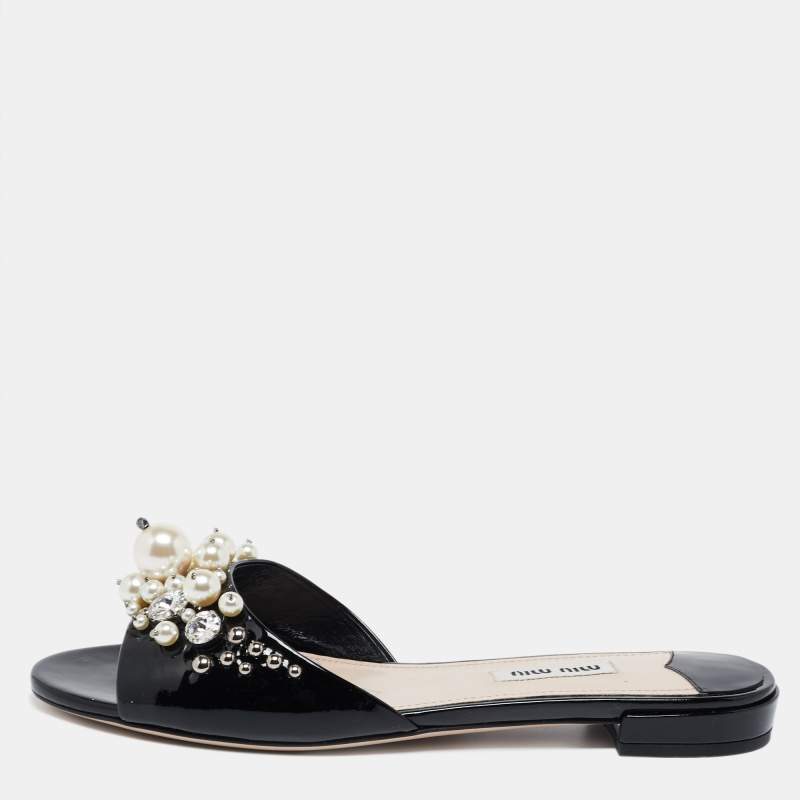 Pre Owned Miu Miu Black Patent Leather Pearl Embellished Flat Slides Size 37.5