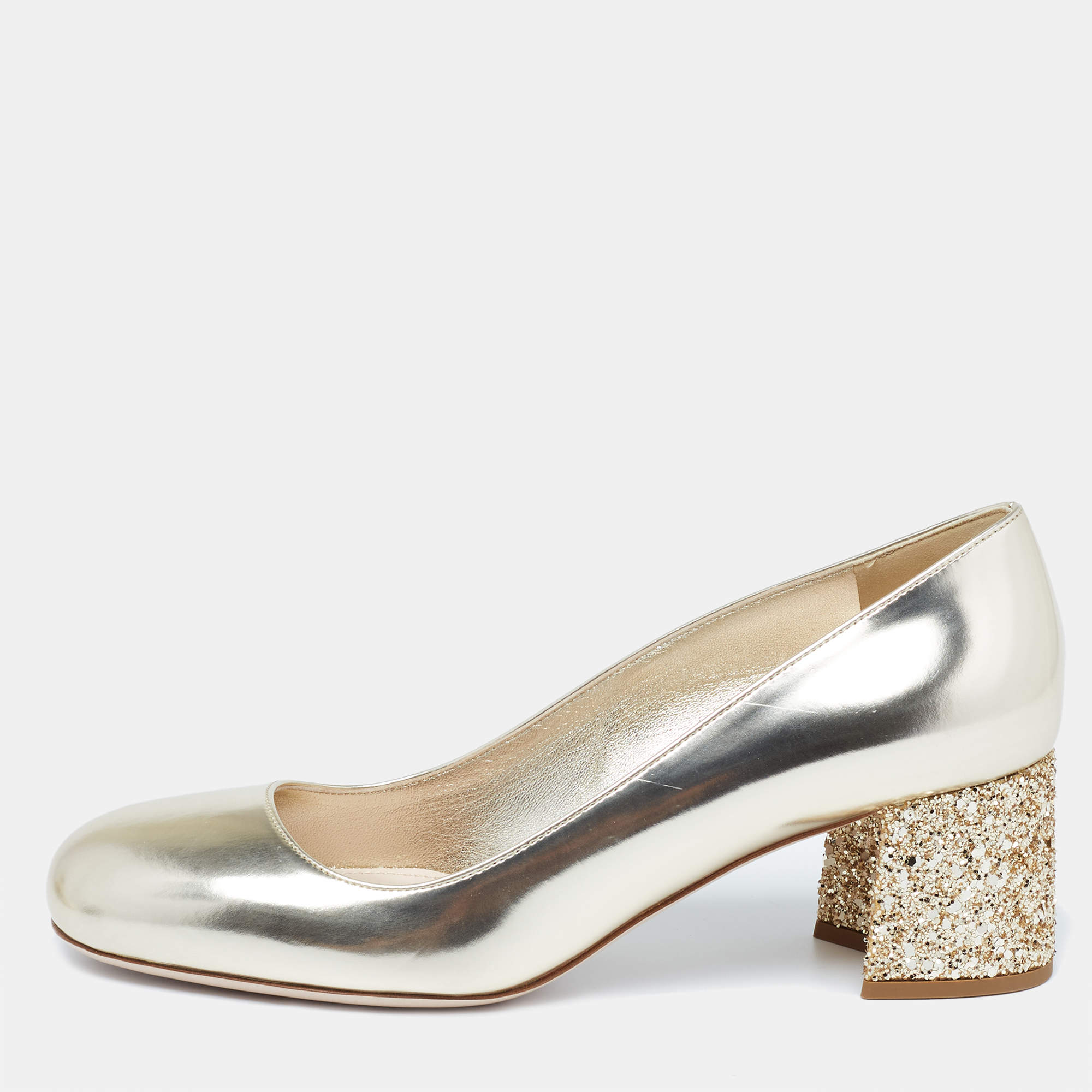 Pre Owned Miu Miu Dull Gold Patent Leather Glitter Heel Round-Toe Pumps Size 37
